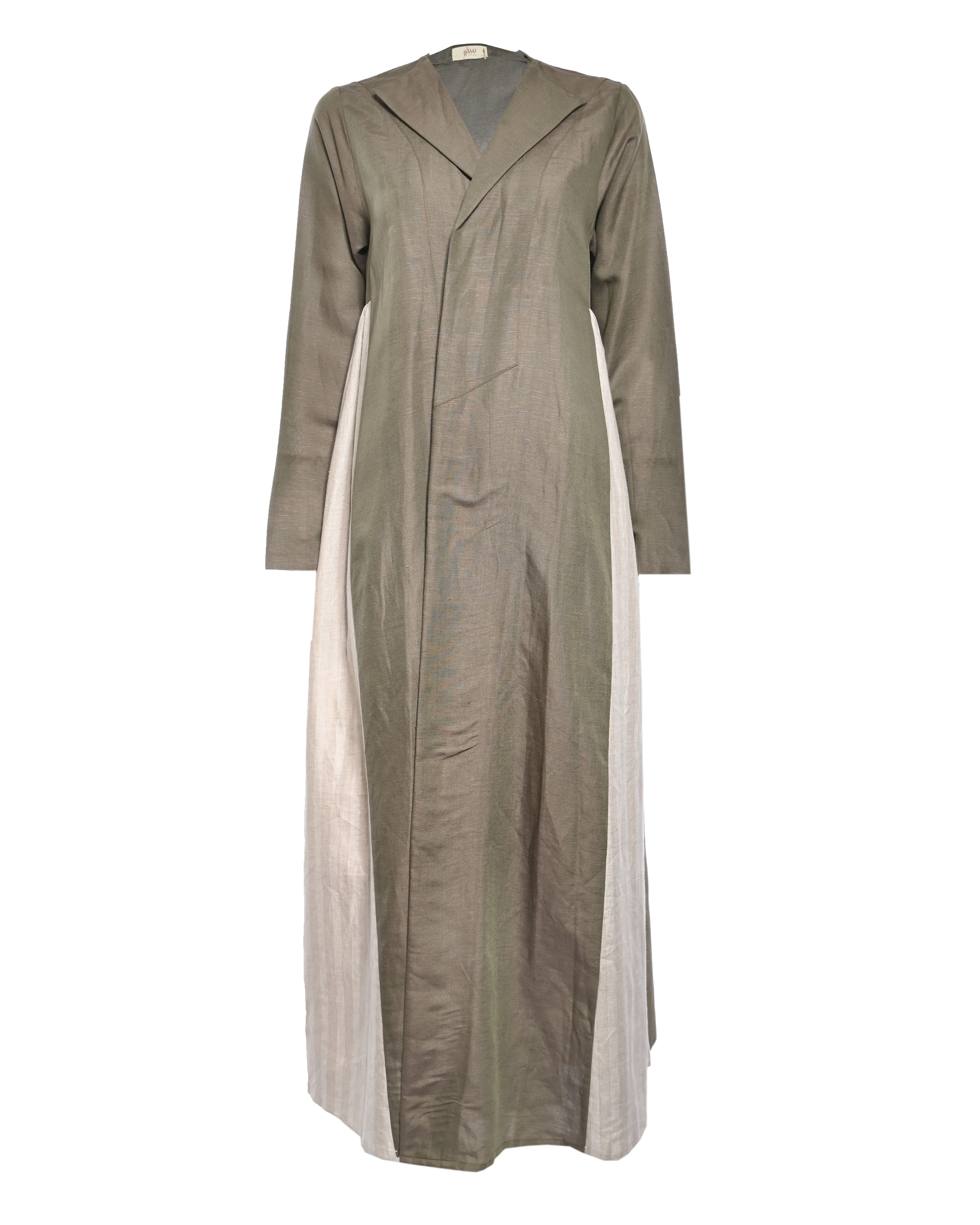 Army Green Linen Abaya with Beige Gathered Waist