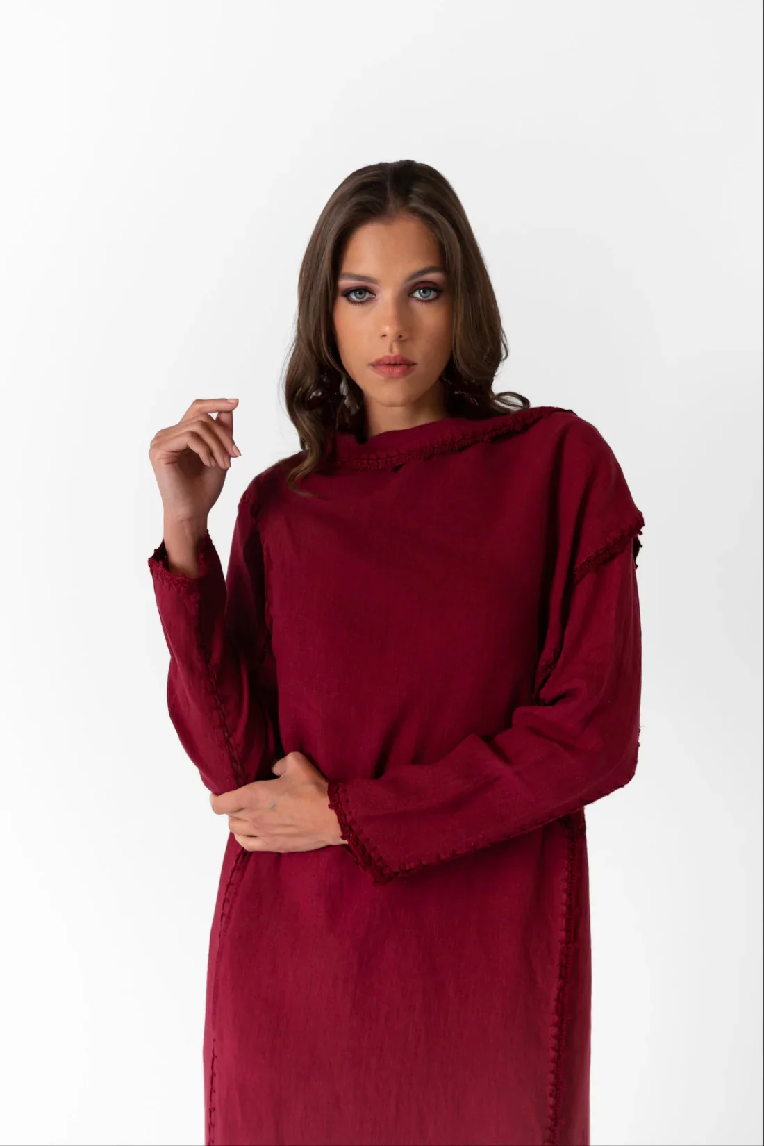 Basma Burgundy Linen Abaya - Image 2
