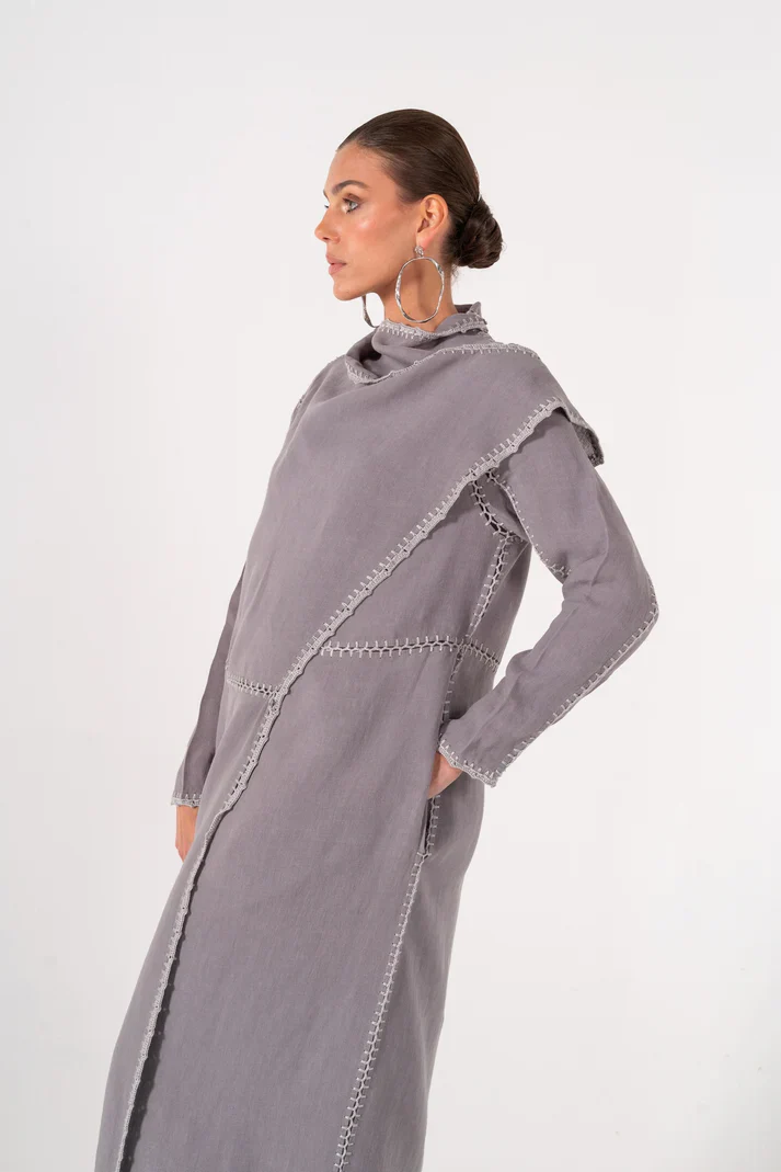 Basma Grey Linen Abaya - Image 2