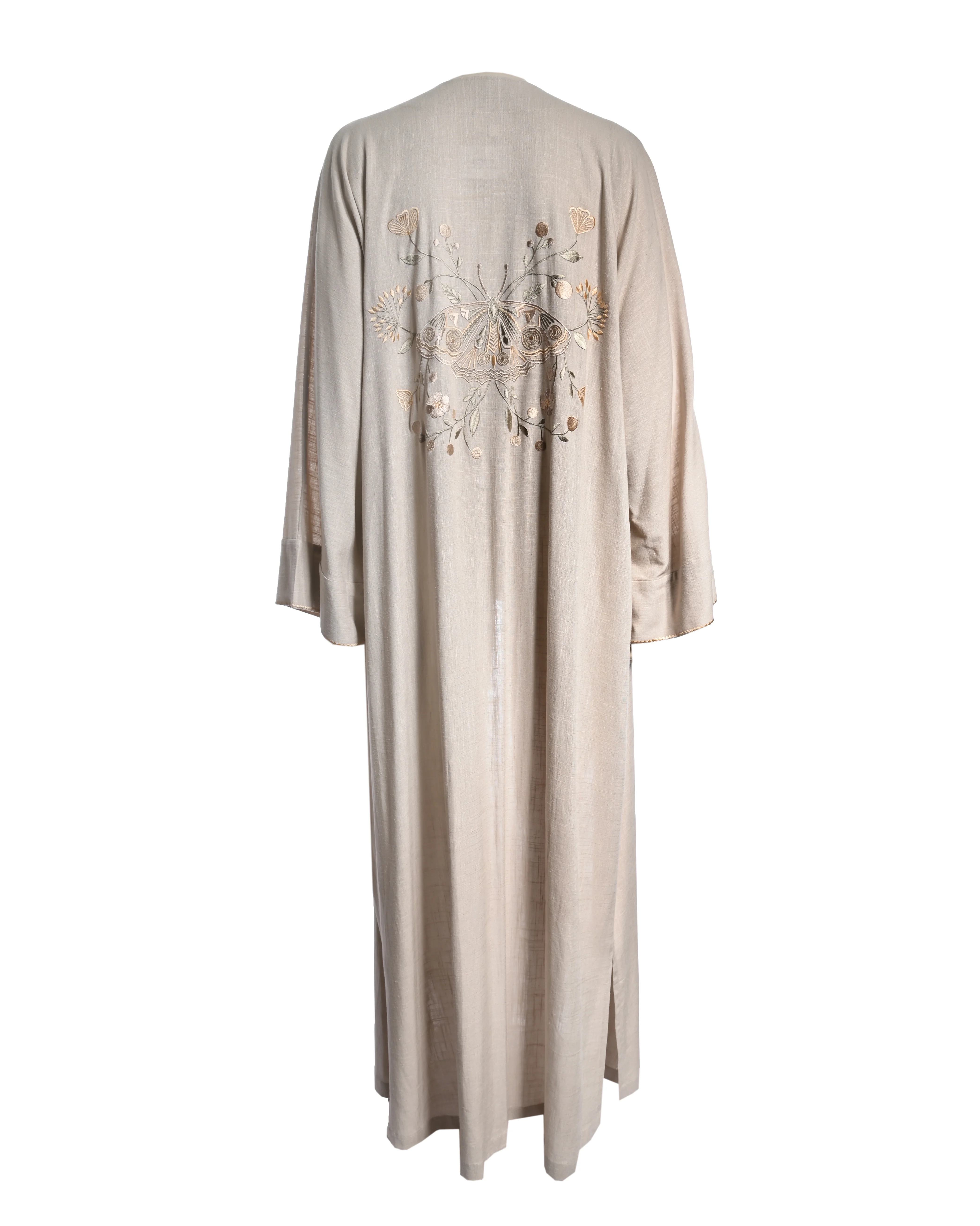 Beige Katan Embroidered Abaya - Image 2