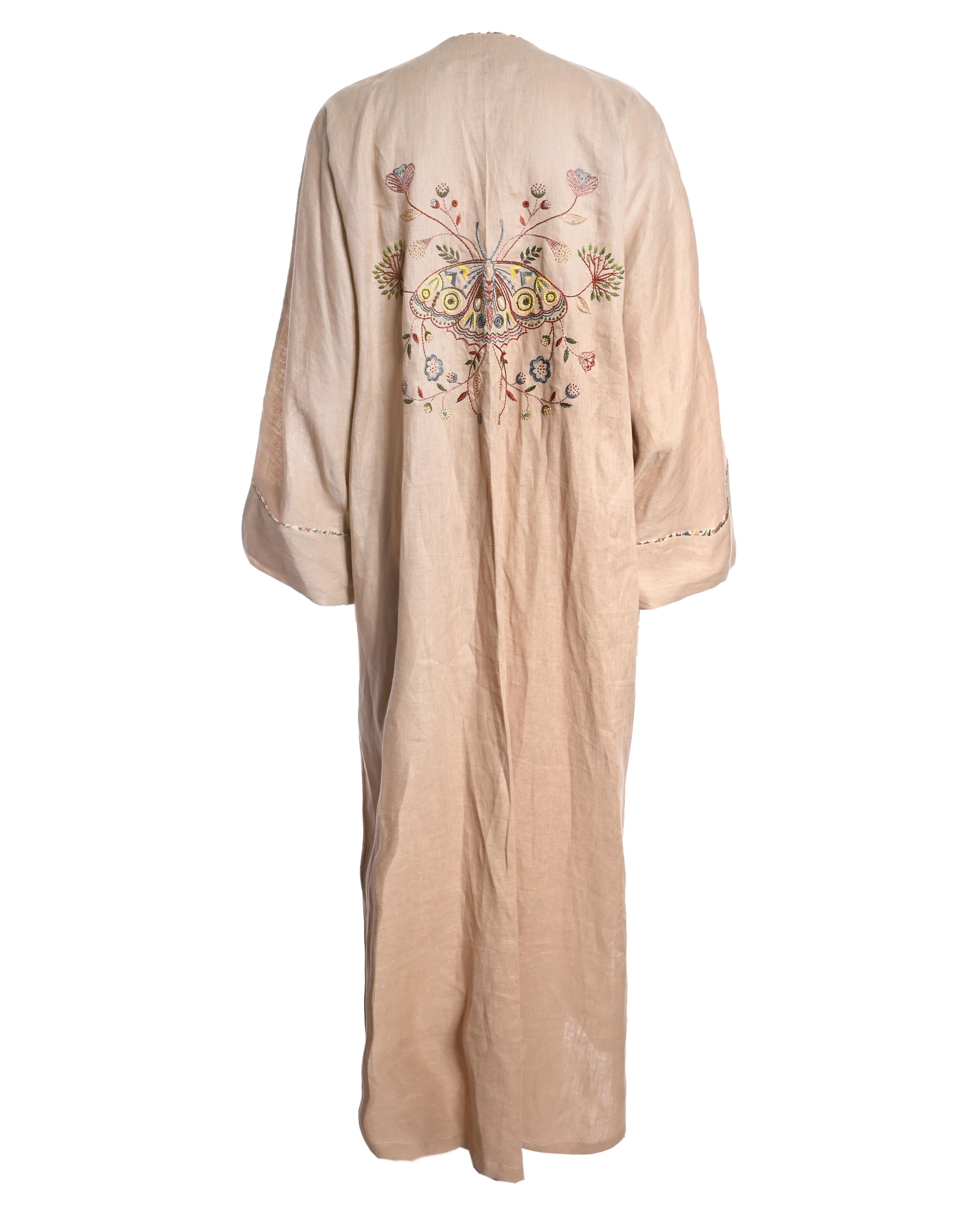 Beige Linen Embroidered Abaya - Image 2