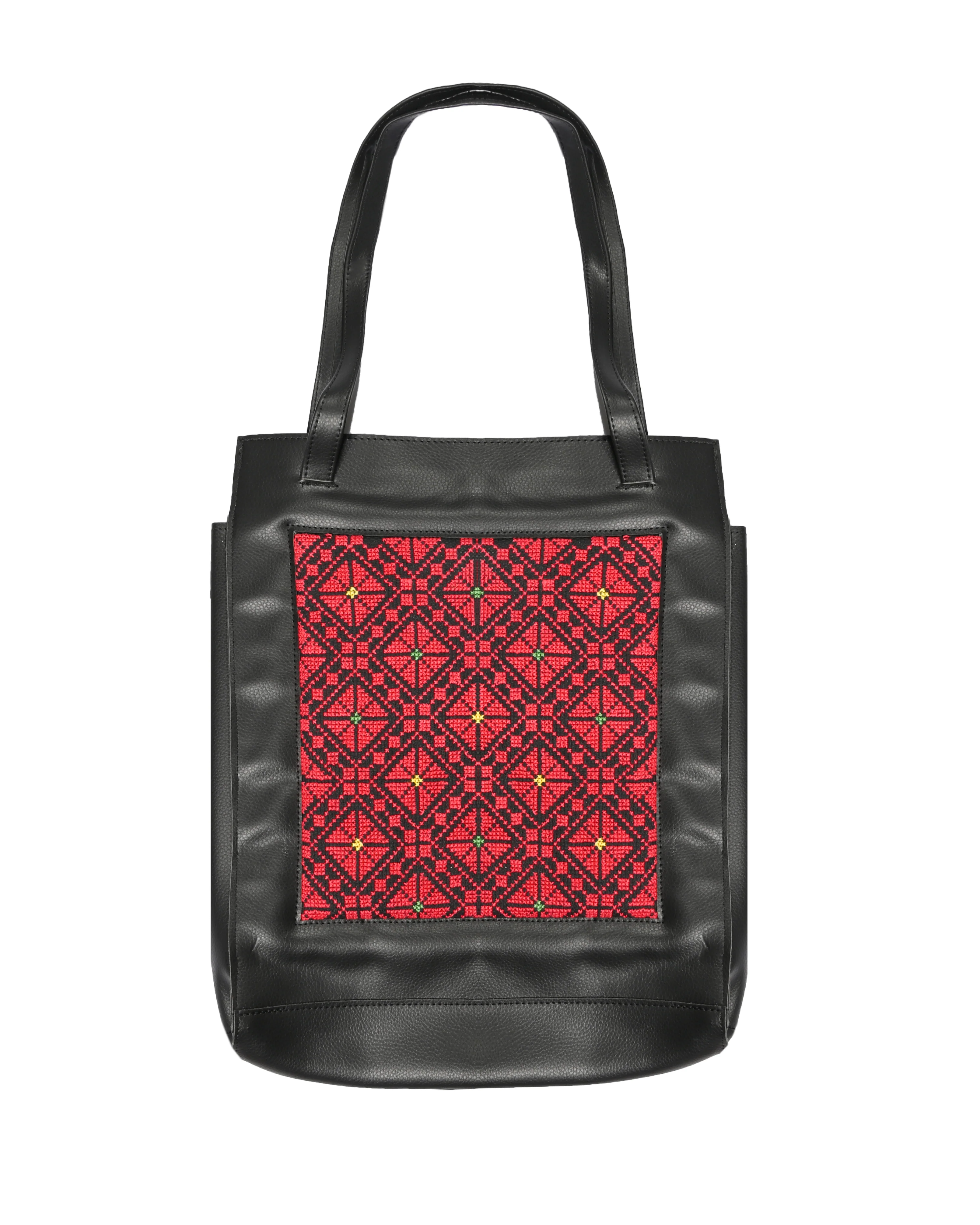 Black Leather Embroidered Tote Bag