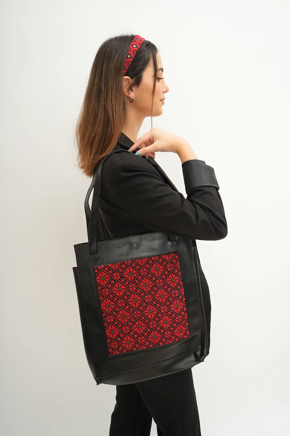 Black Leather Embroidered Tote Bag - Image 2