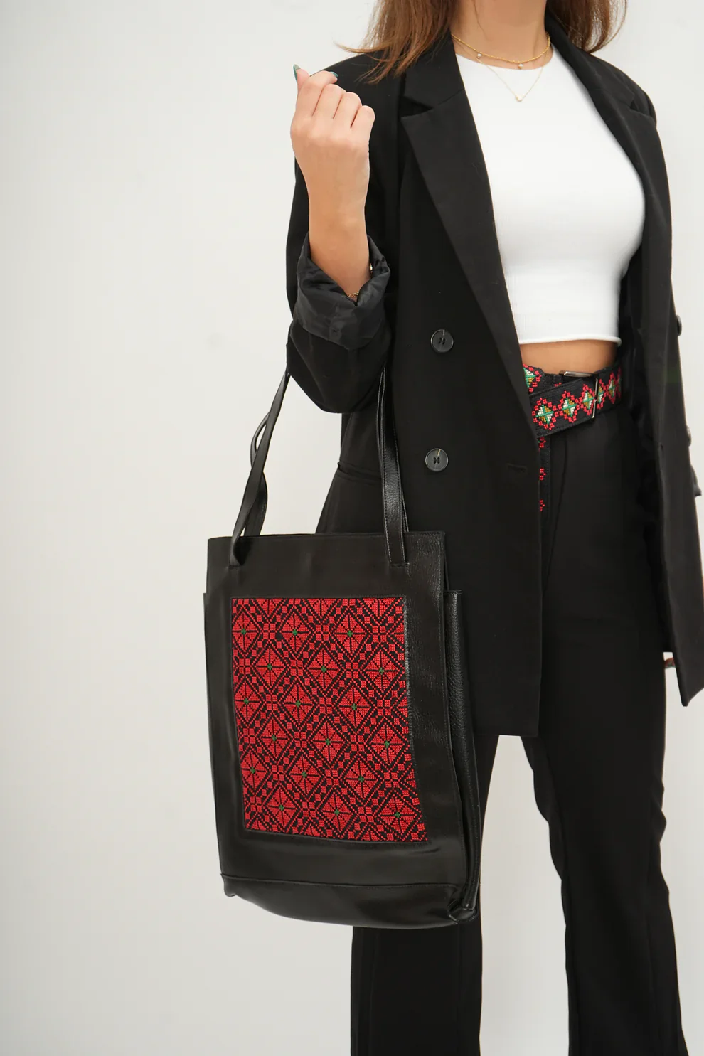 Black Leather Embroidered Tote Bag - Image 3