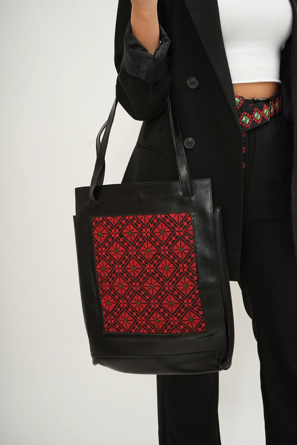 Black Leather Embroidered Tote Bag - Image 4