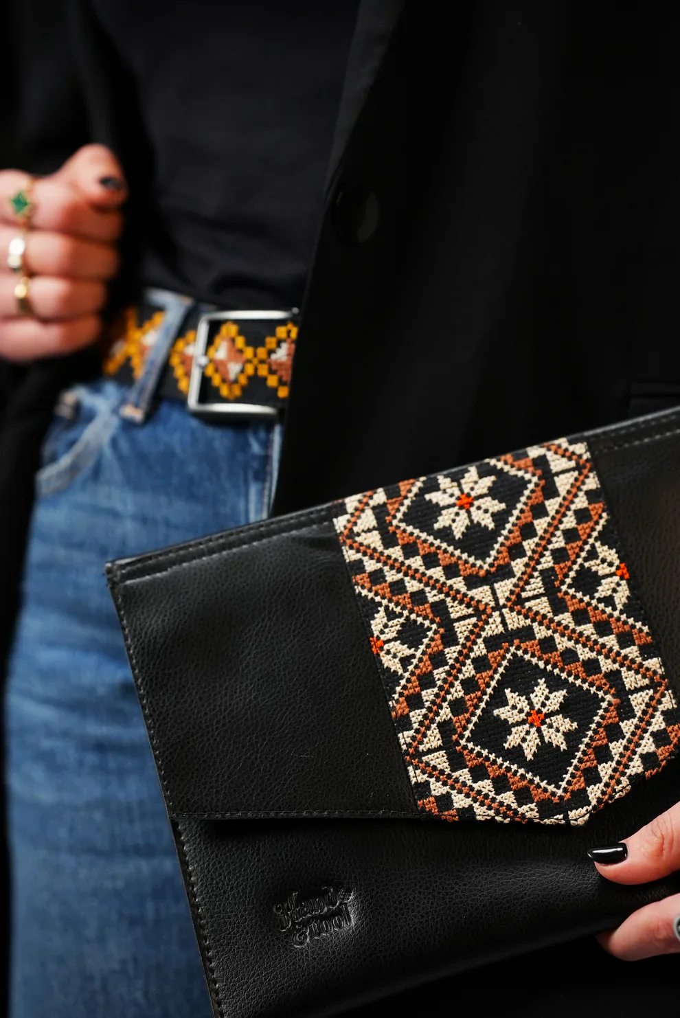 Black Leather Embroidered Clutch - Image 4
