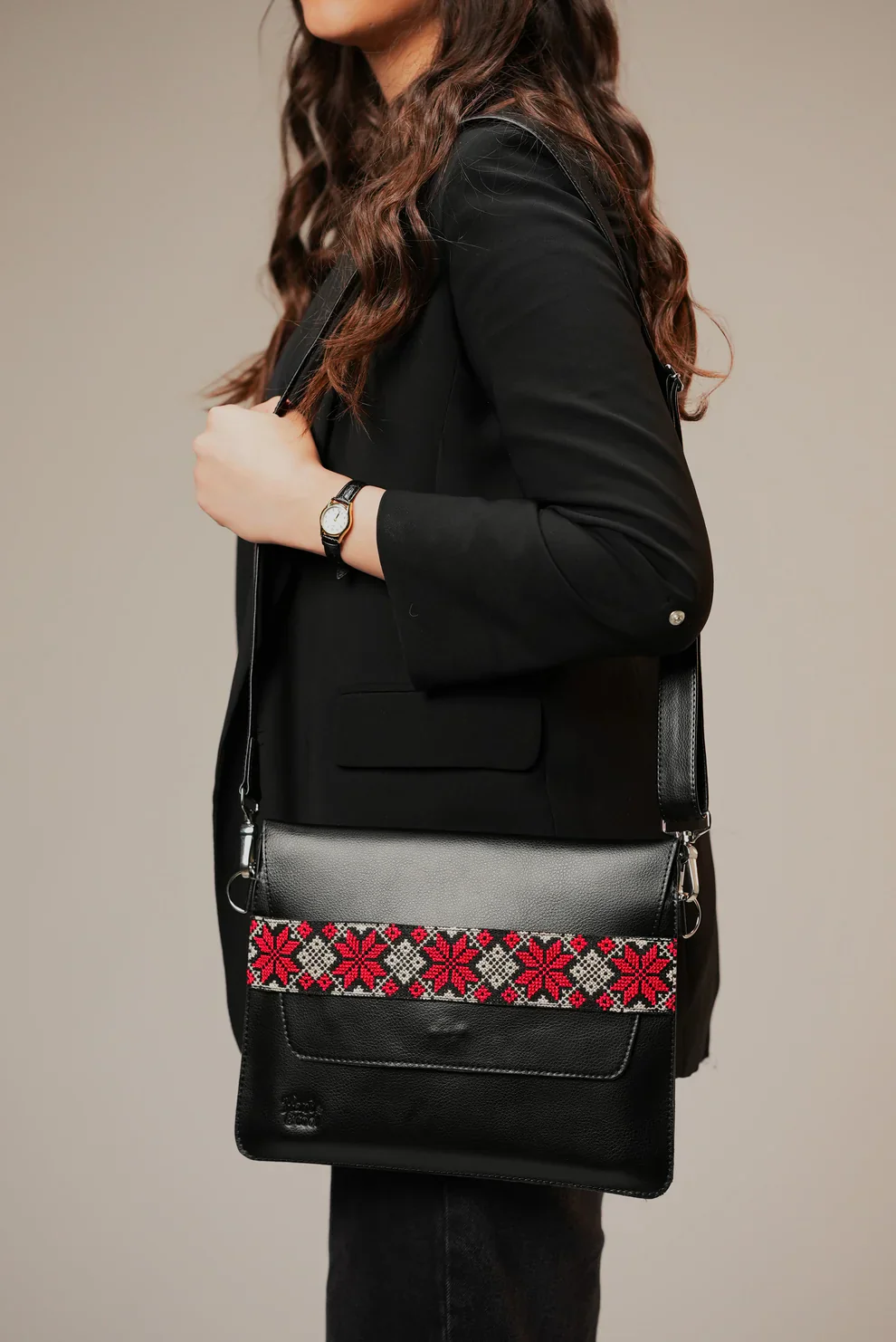 Black Leather Embroidered Crossbody Bag - Image 2