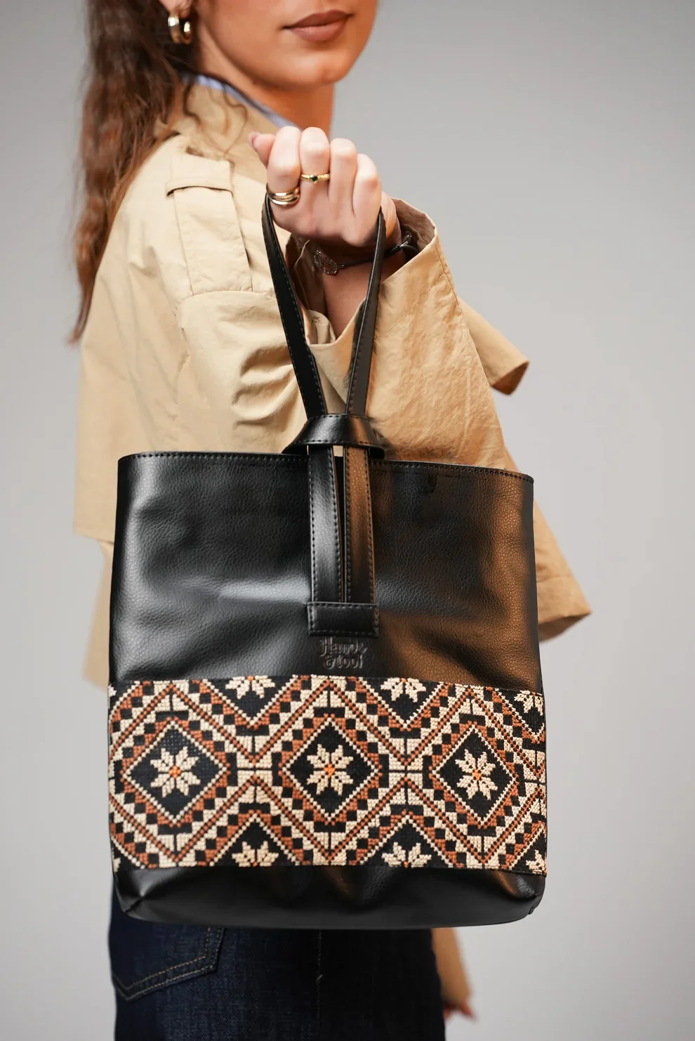 Black Leather Embroidered Handbag - Image 2