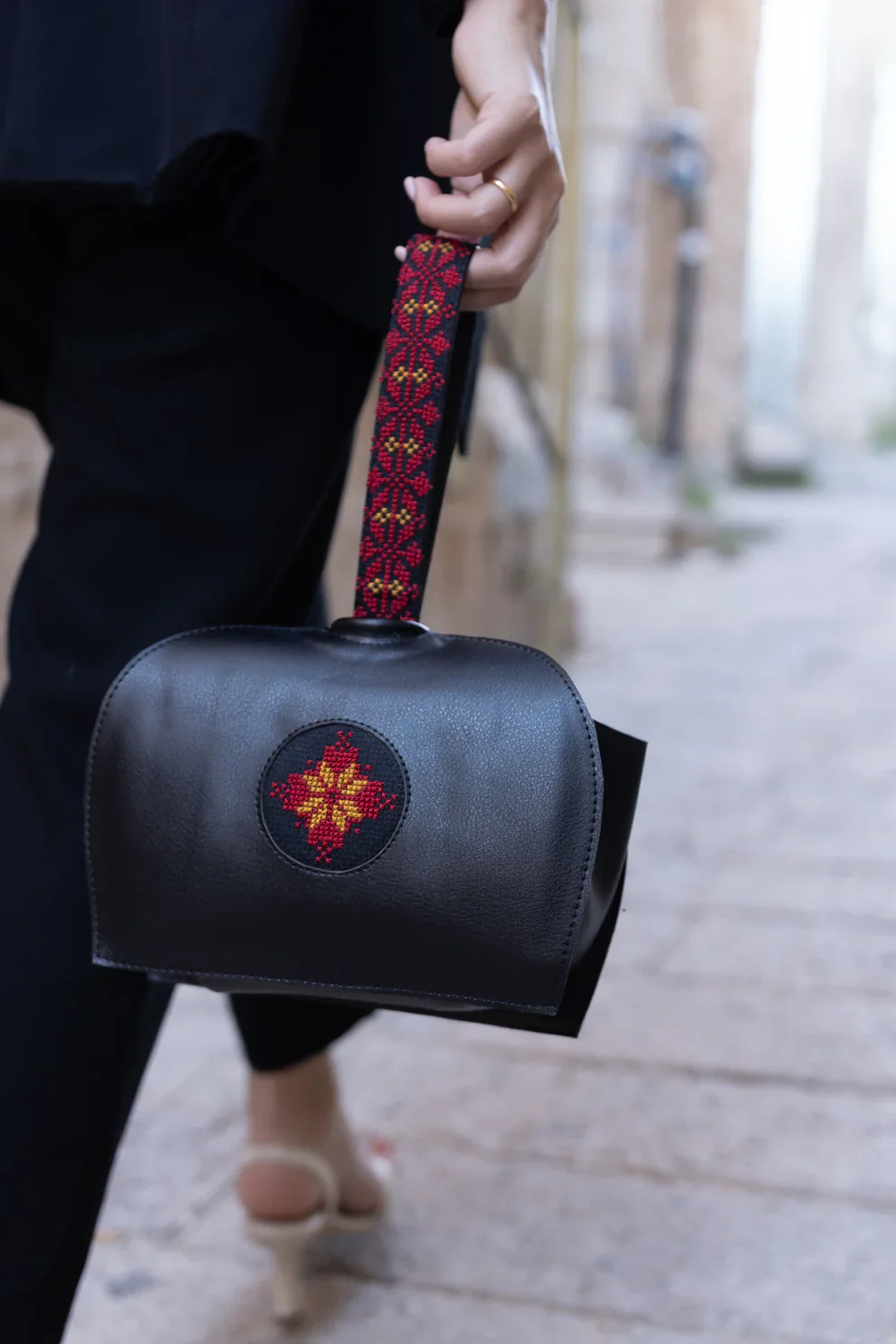 Black Leather Embroidered Purse