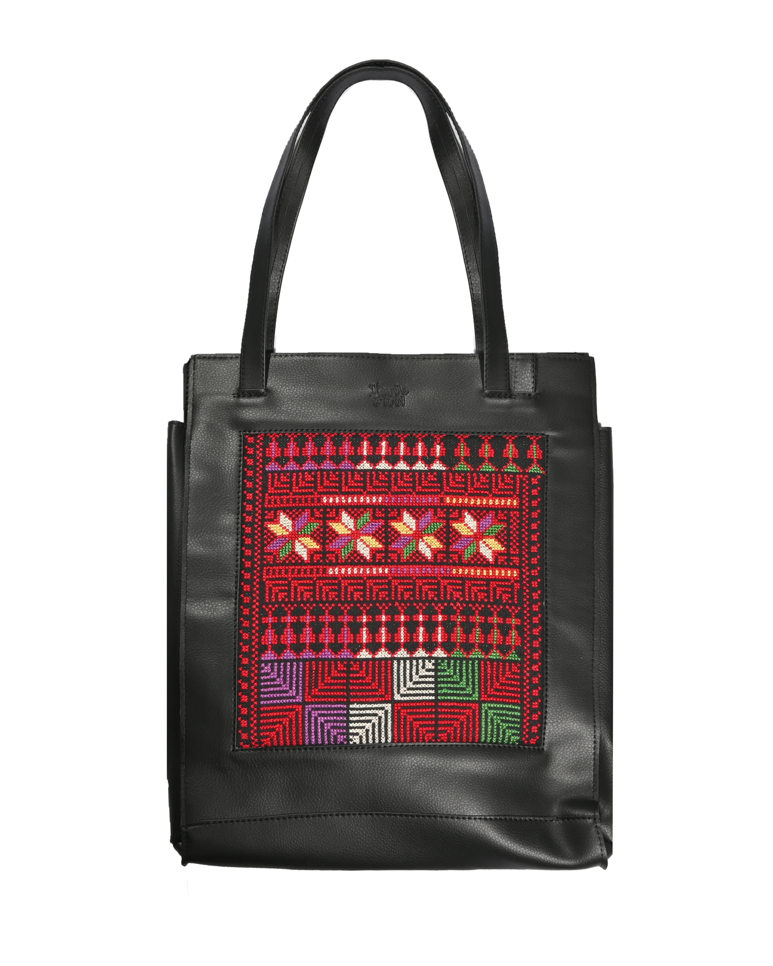 Black Leather Embroidered Tote Bag
