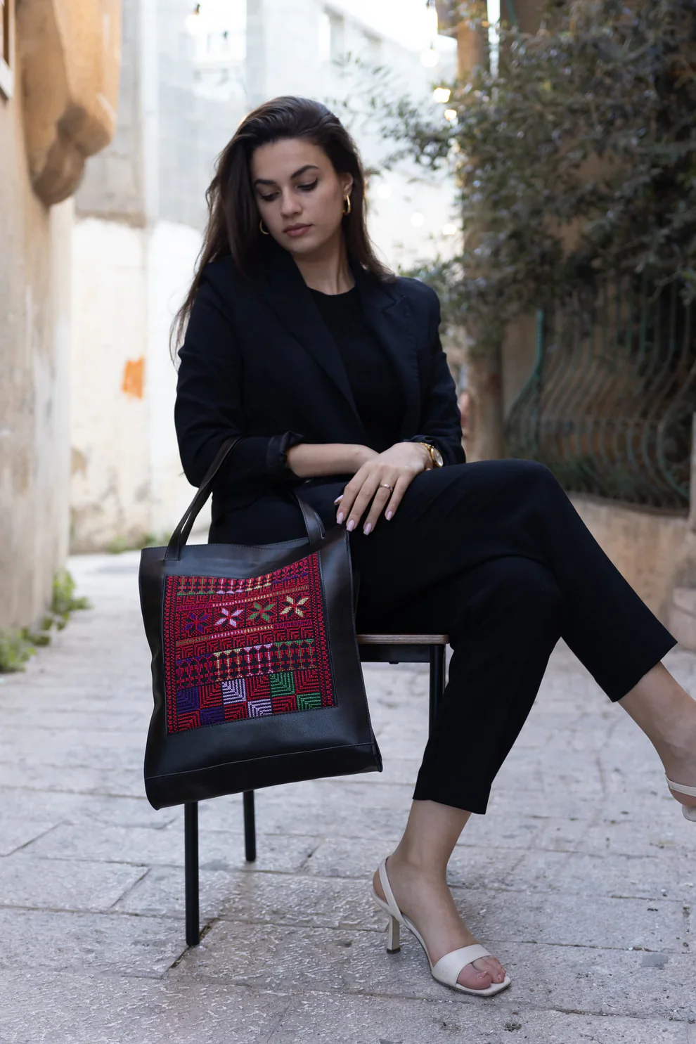 Black Leather Embroidered Tote Bag - Image 2