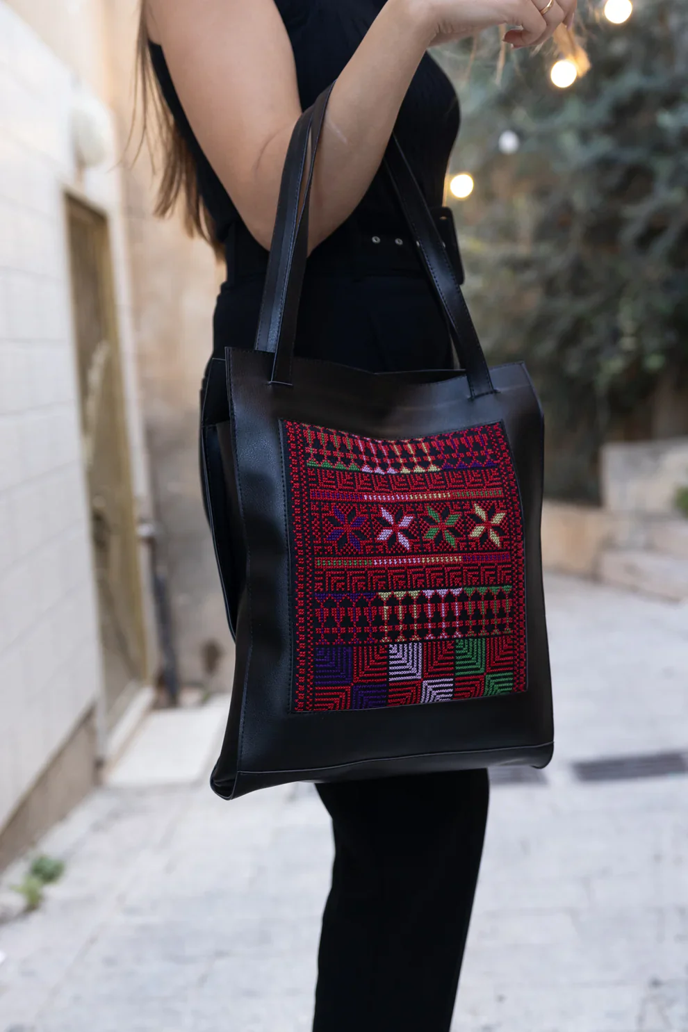 Black Leather Embroidered Tote Bag - Image 3