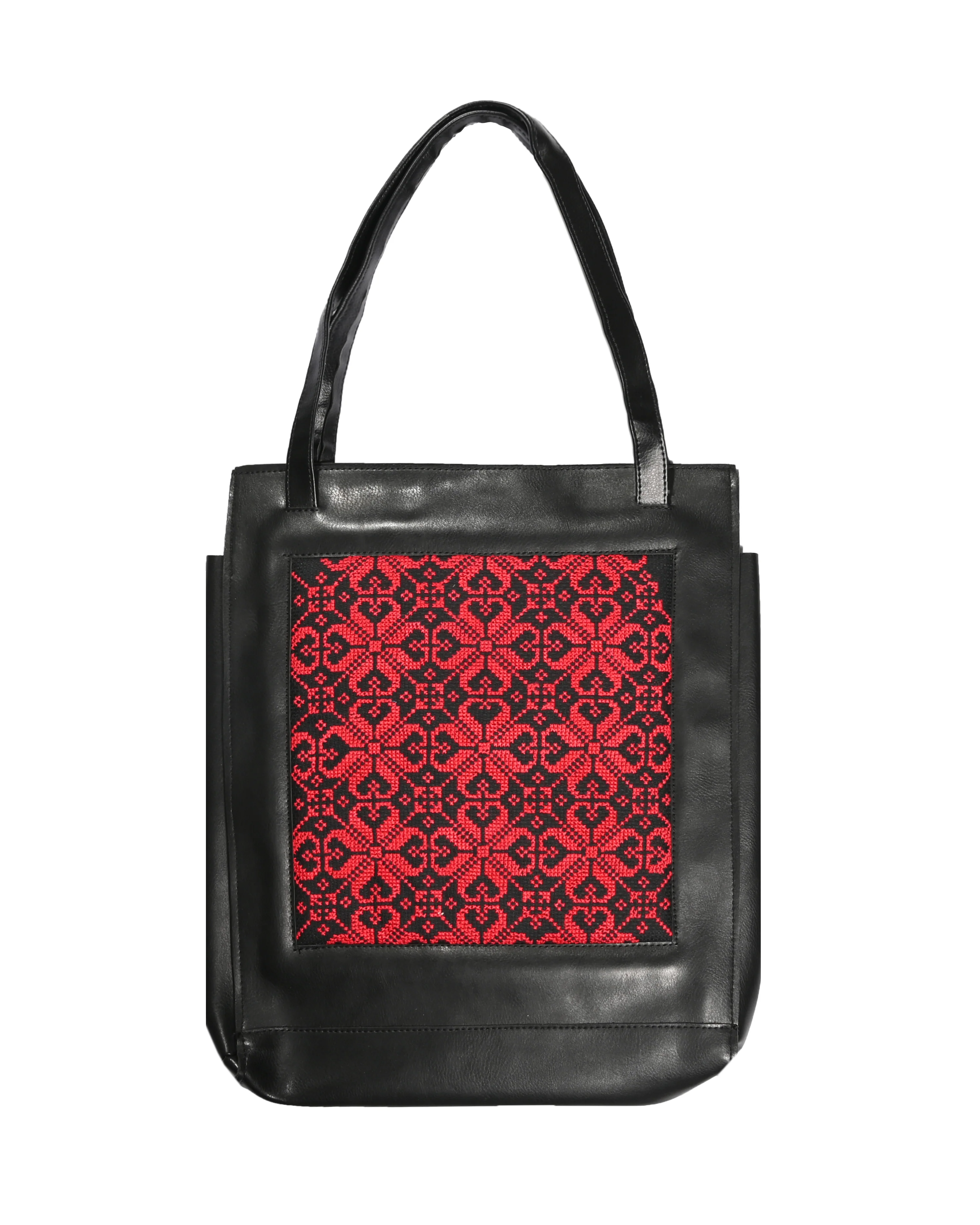 Black Leather Embroidered Tote Bag