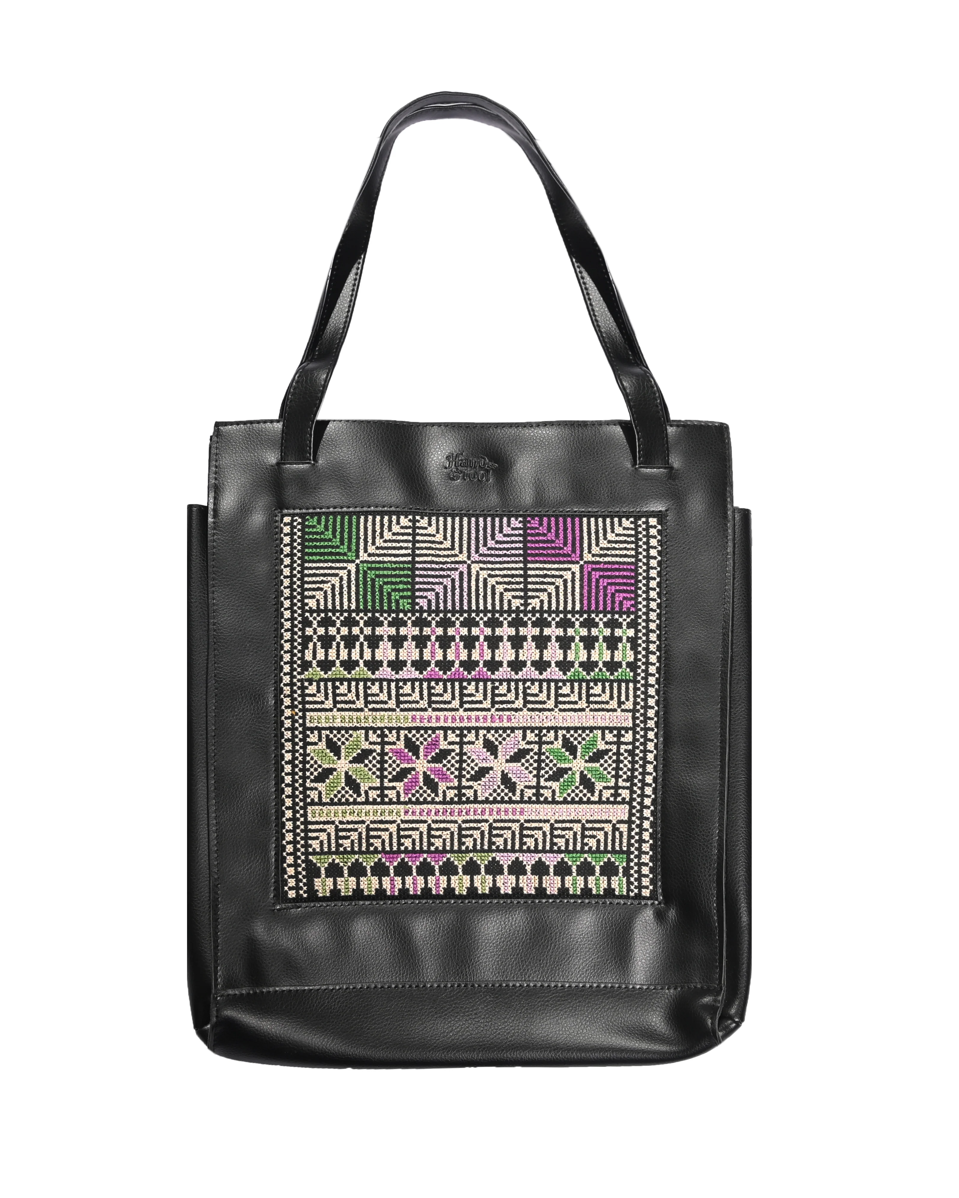 Black Leather Embroidered Tote Bag