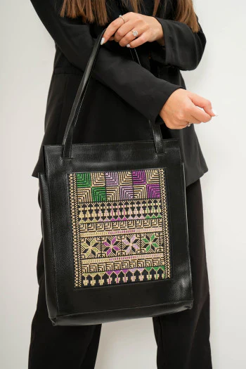 Black Leather Embroidered Tote Bag - Image 2