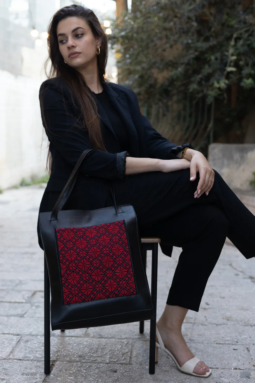 Black Leather Embroidered Tote Bag - Image 2