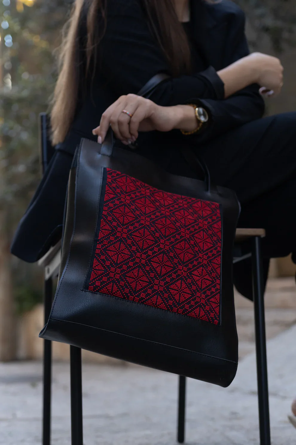 Black Leather Embroidered Tote Bag - Image 3