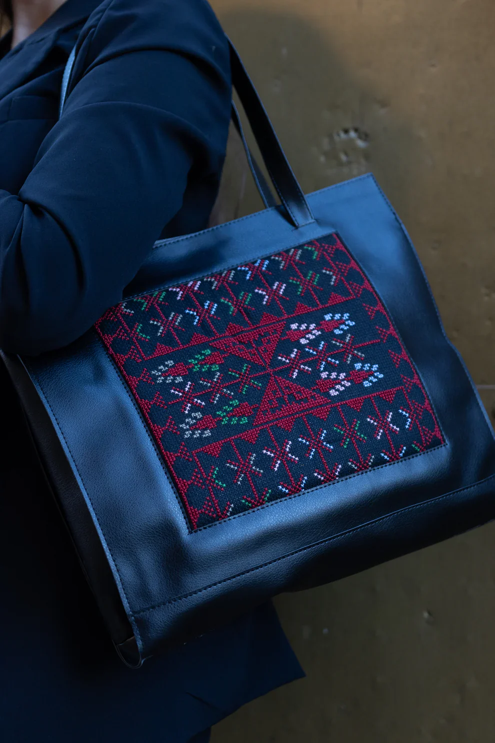 Black Leather Embroidered Tote Bag
