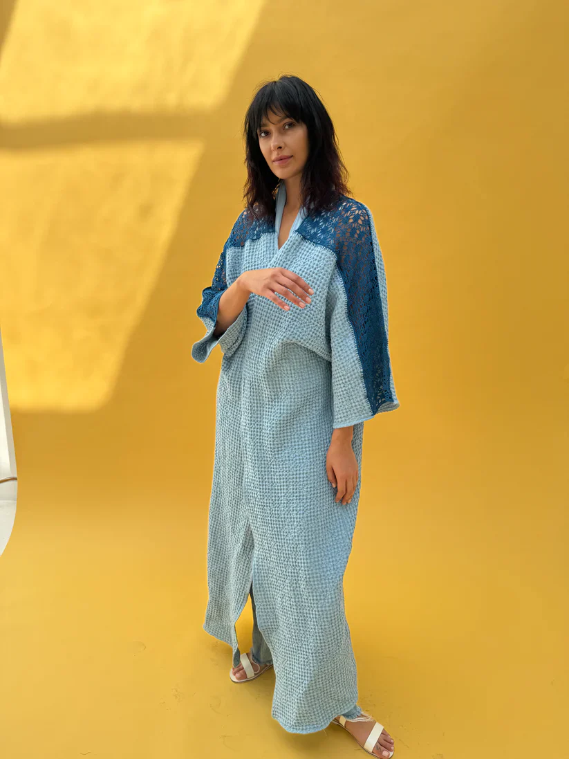 Blue Linen Crochet Abaya