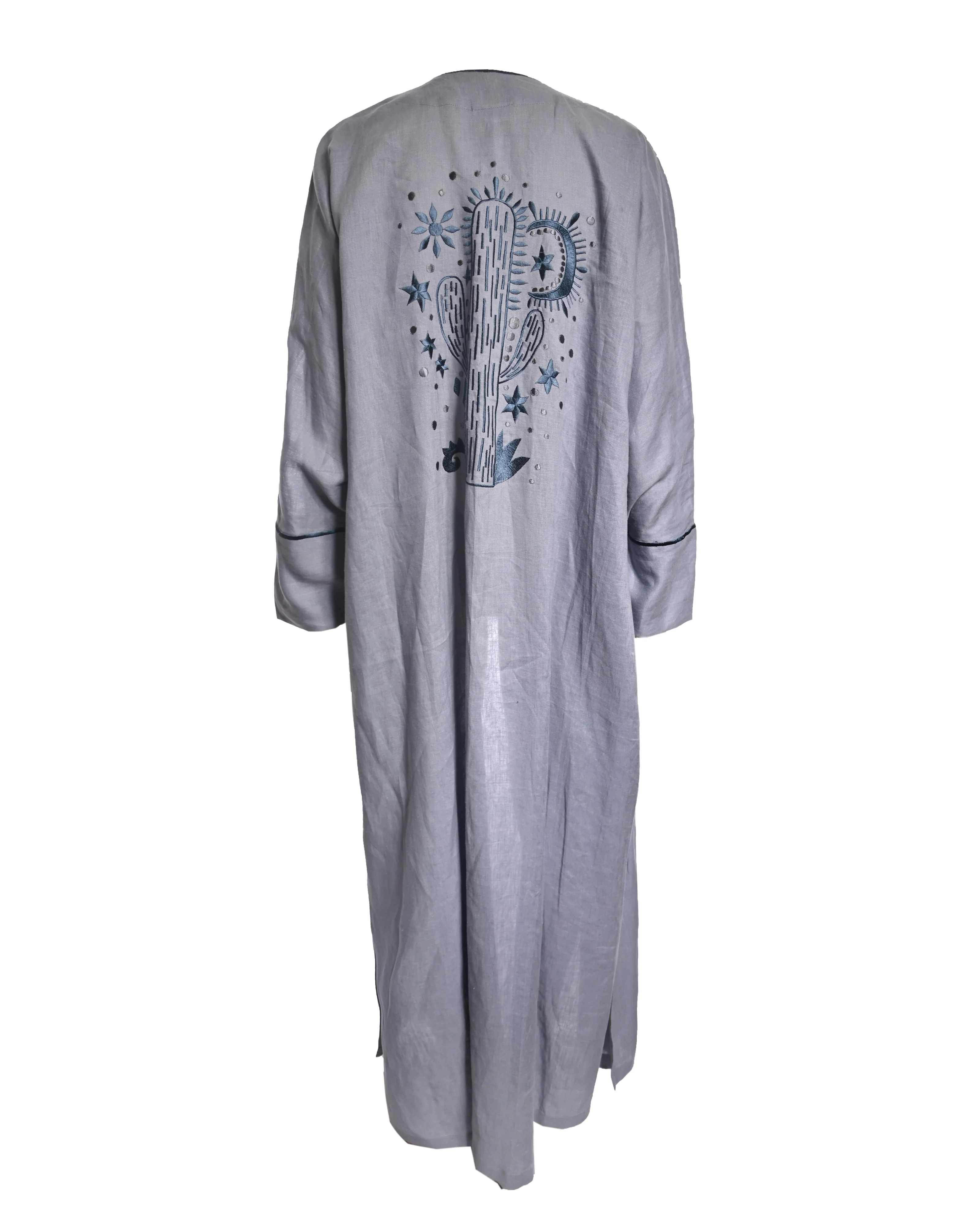 Blue Linen Embroidered Abaya - Image 2