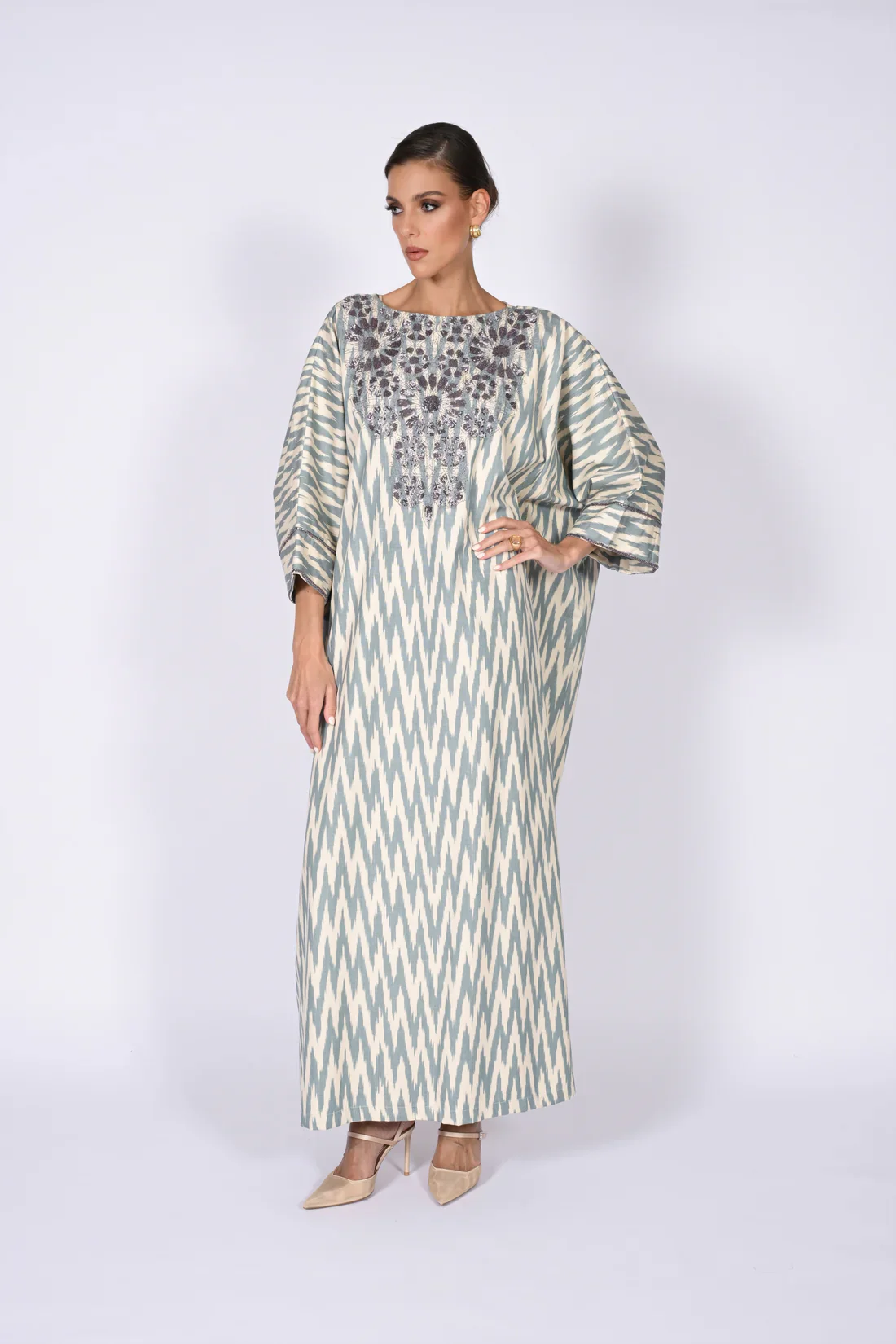 Ice Grey Madawi Ikat Kaftan - Image 9