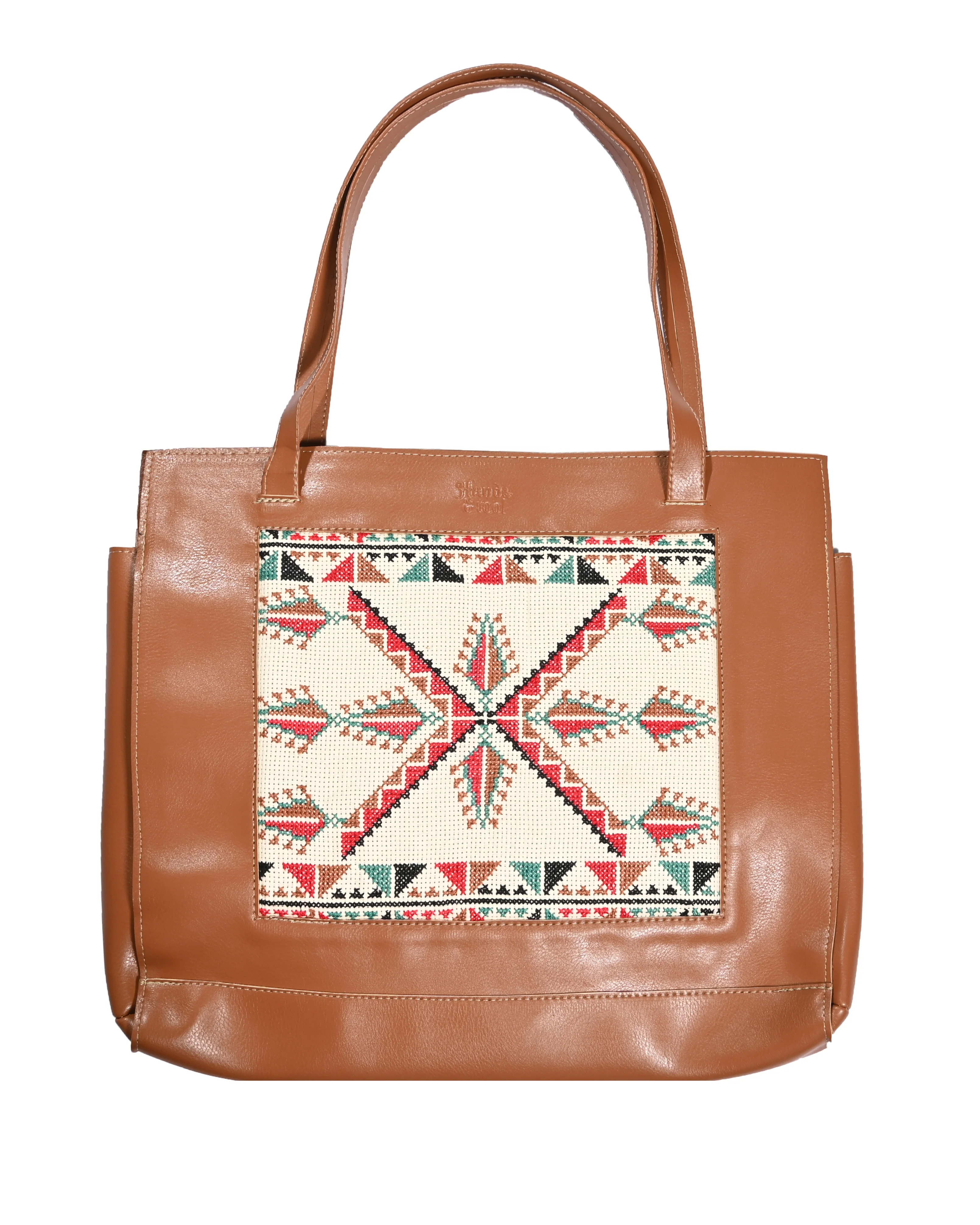 Brown Leather Embroidered Tote Bag