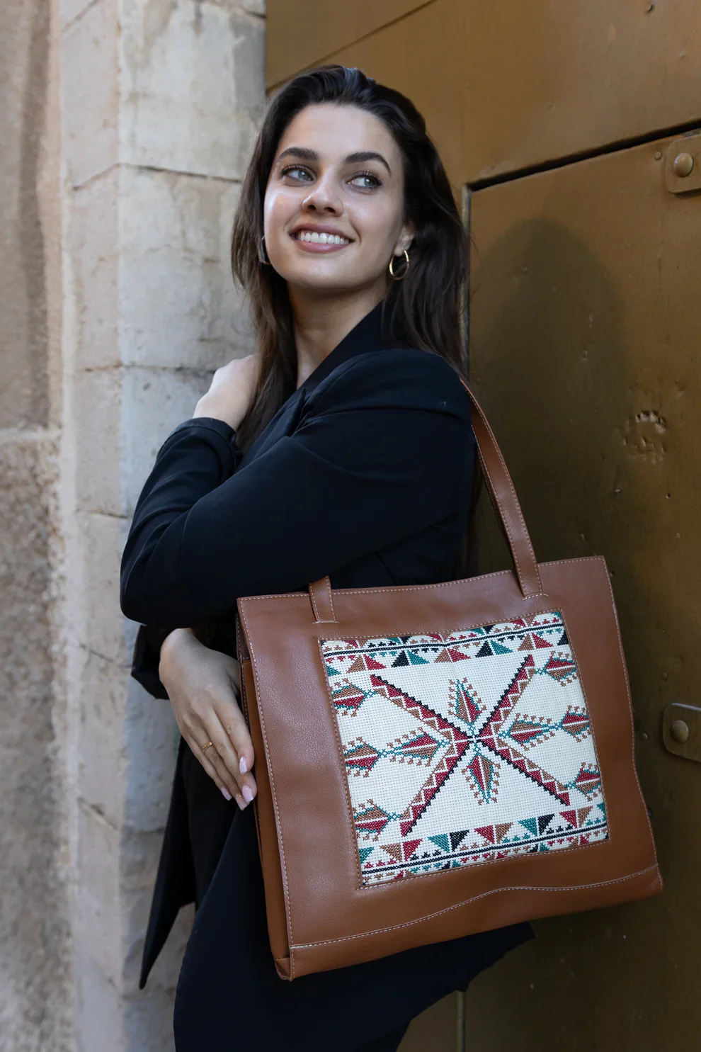 Brown Leather Embroidered Tote Bag - Image 2