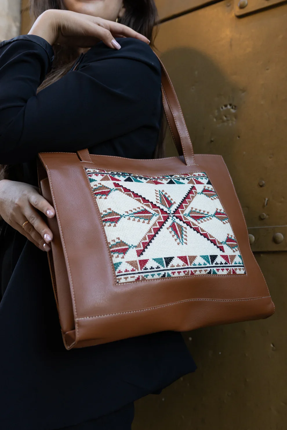 Brown Leather Embroidered Tote Bag - Image 3