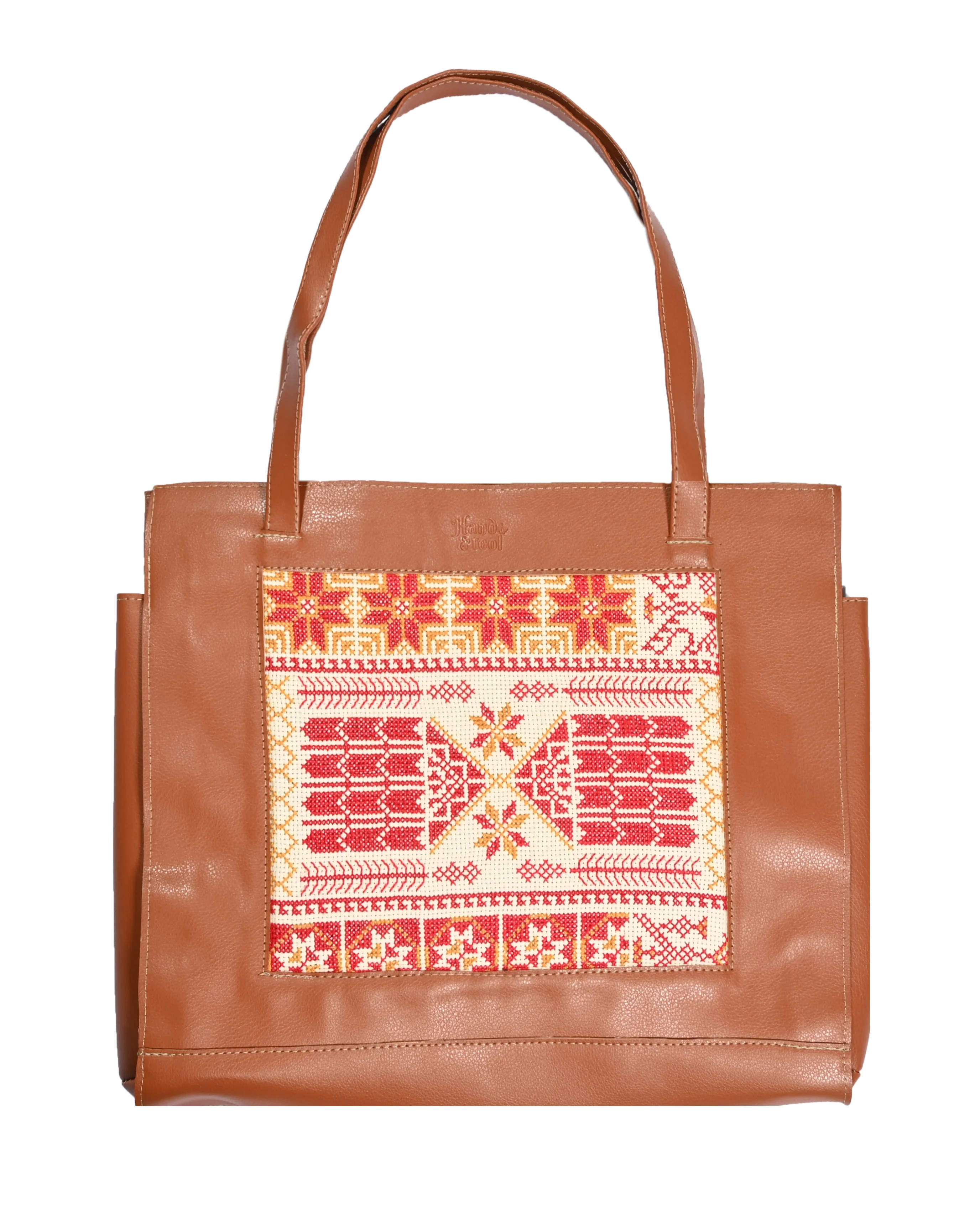 Brown Leather Embroidered Tote Bag