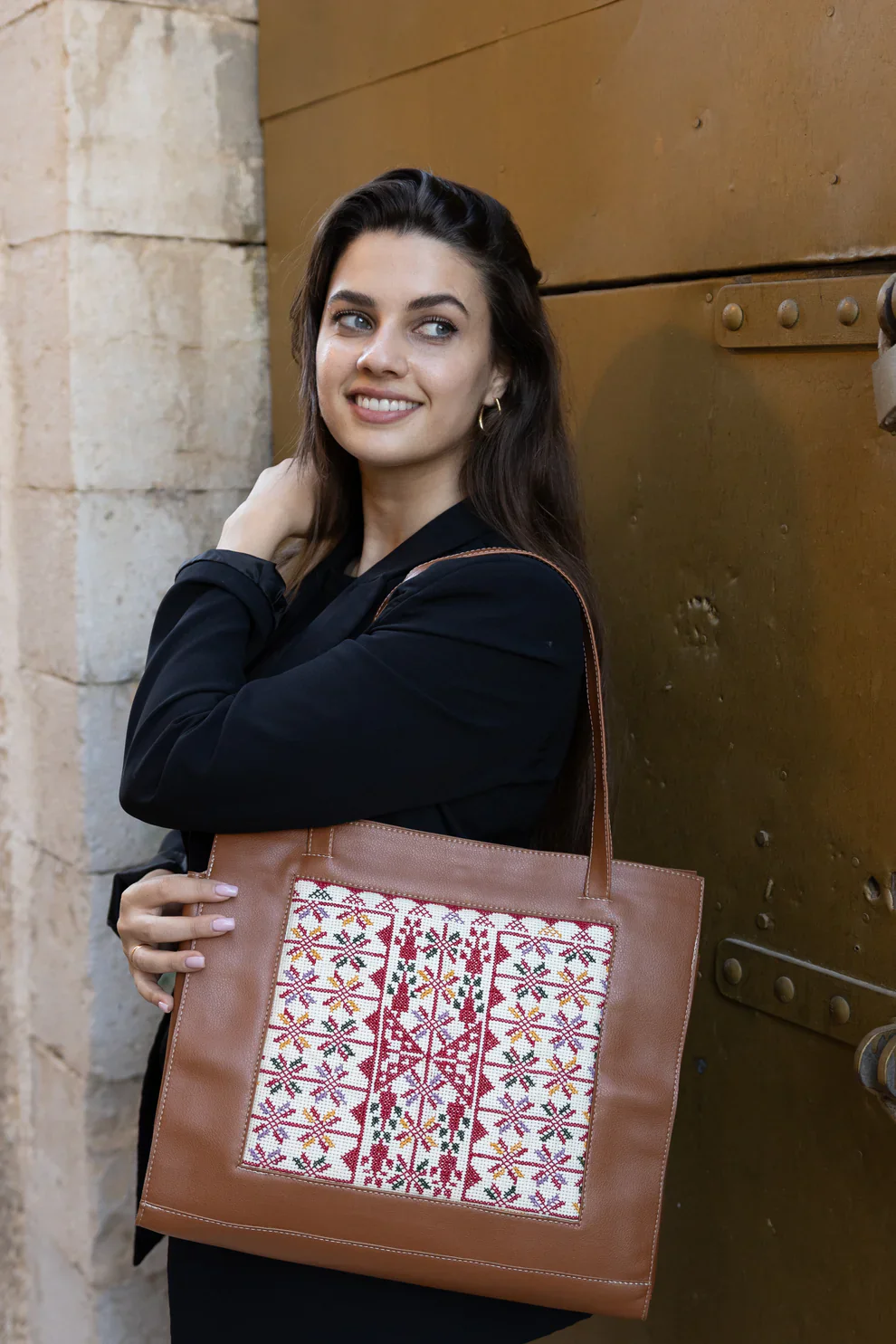 Brown Leather Embroidered Tote Bag