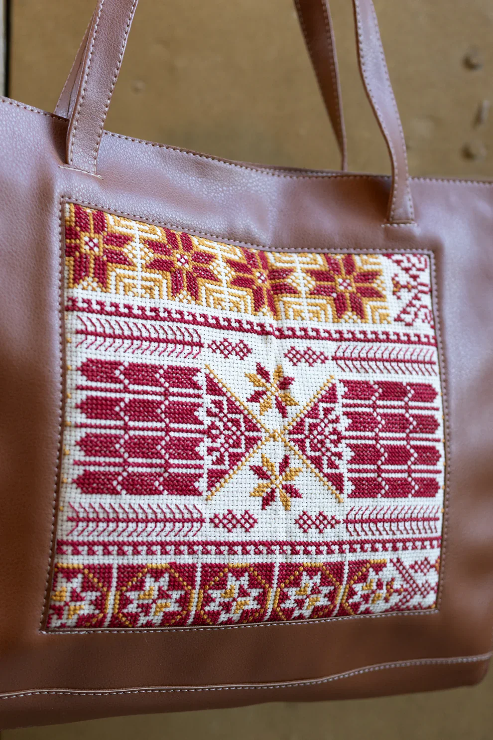 Brown Leather Embroidered Tote Bag - Image 3
