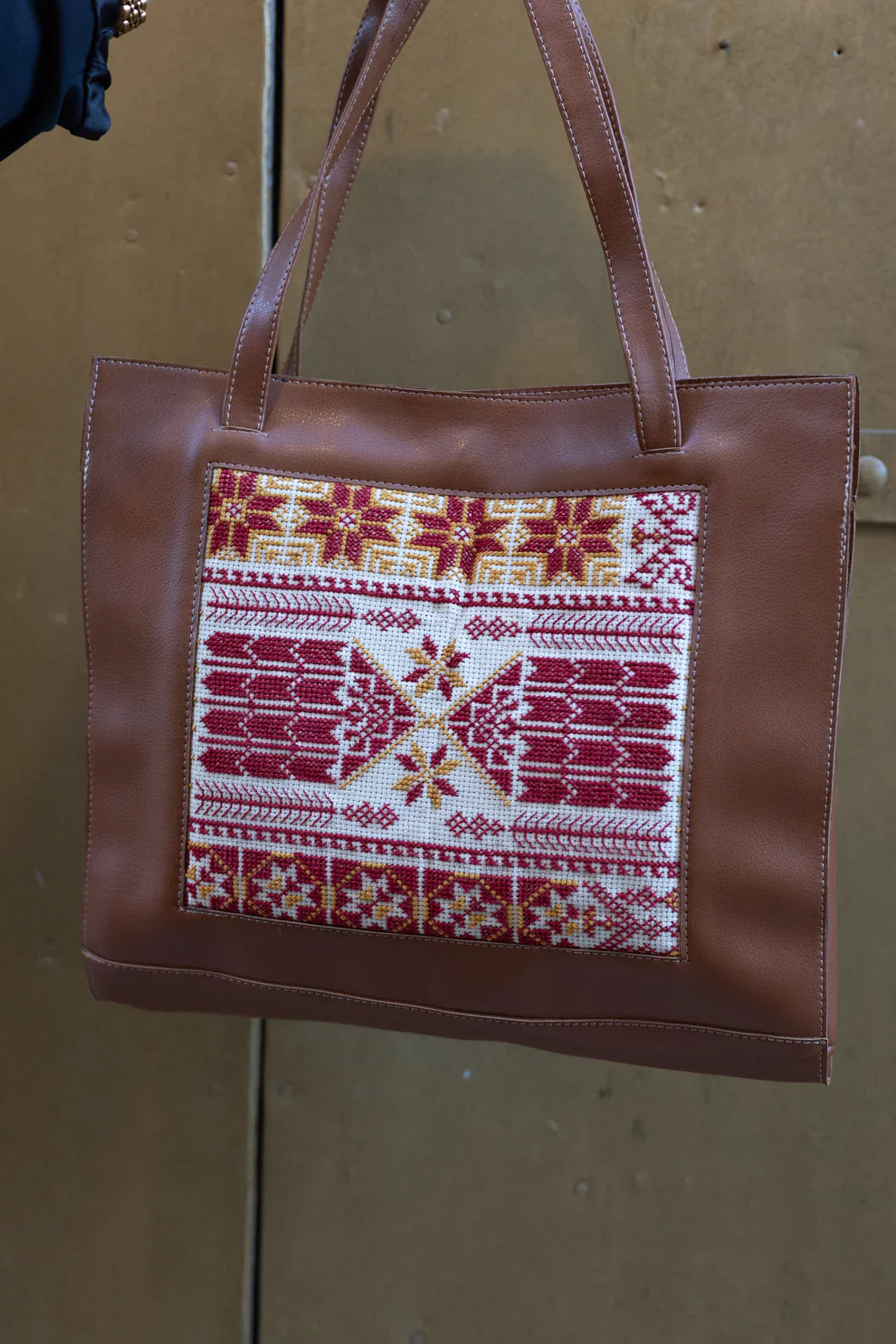 Brown Leather Embroidered Tote Bag - Image 4