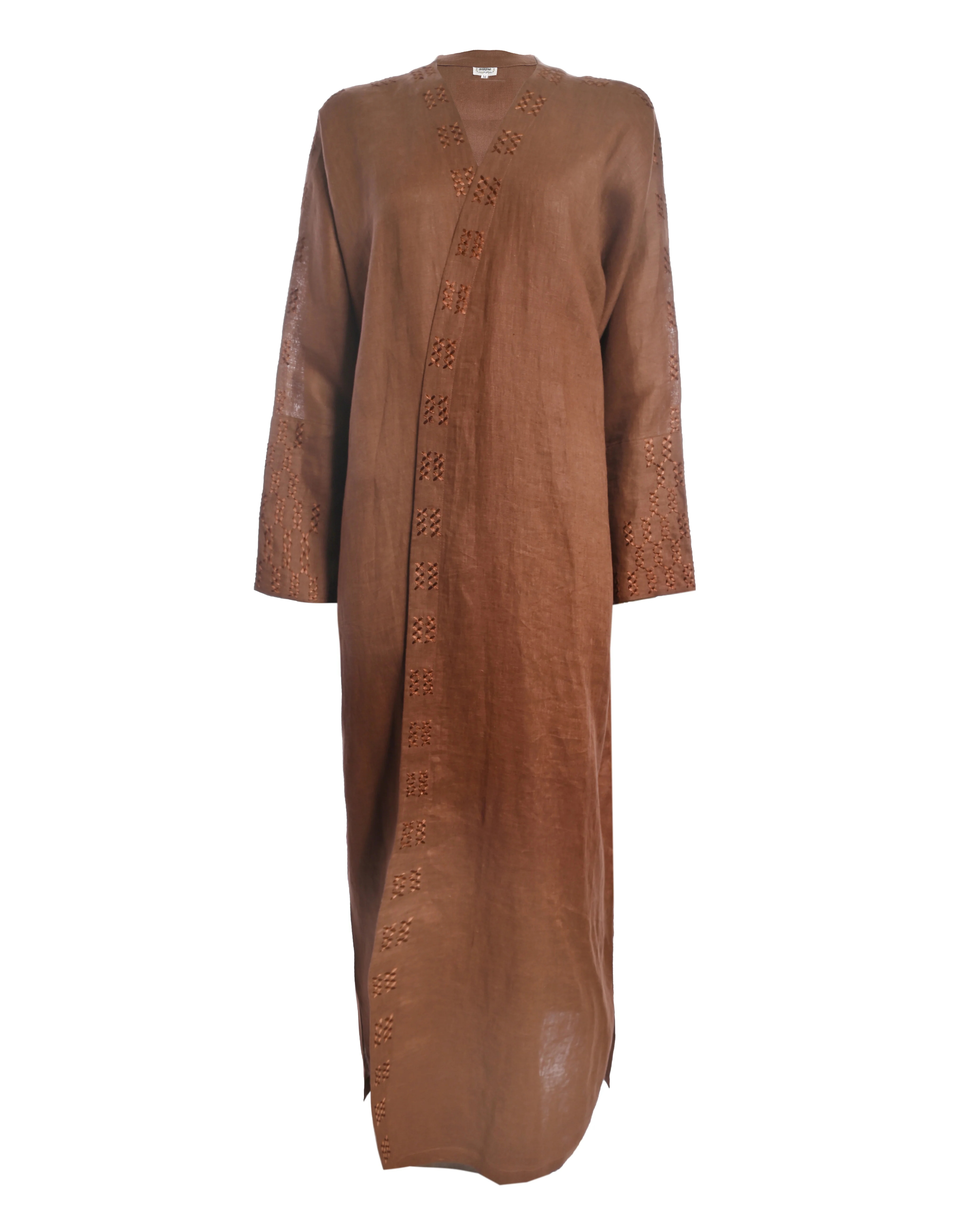 Brown Linen Embroidered Abaya