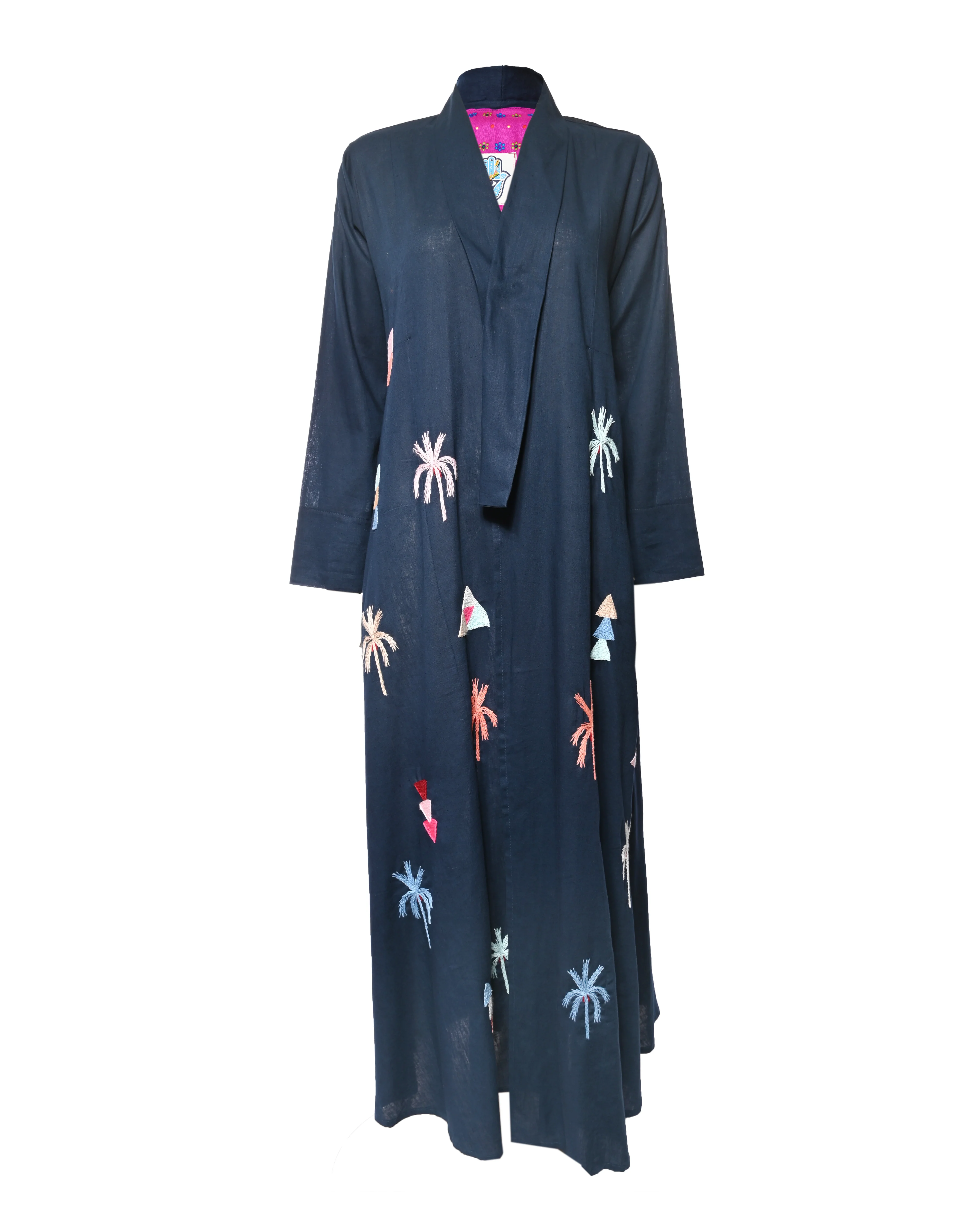Dark Blue Embroidered Linen Abaya
