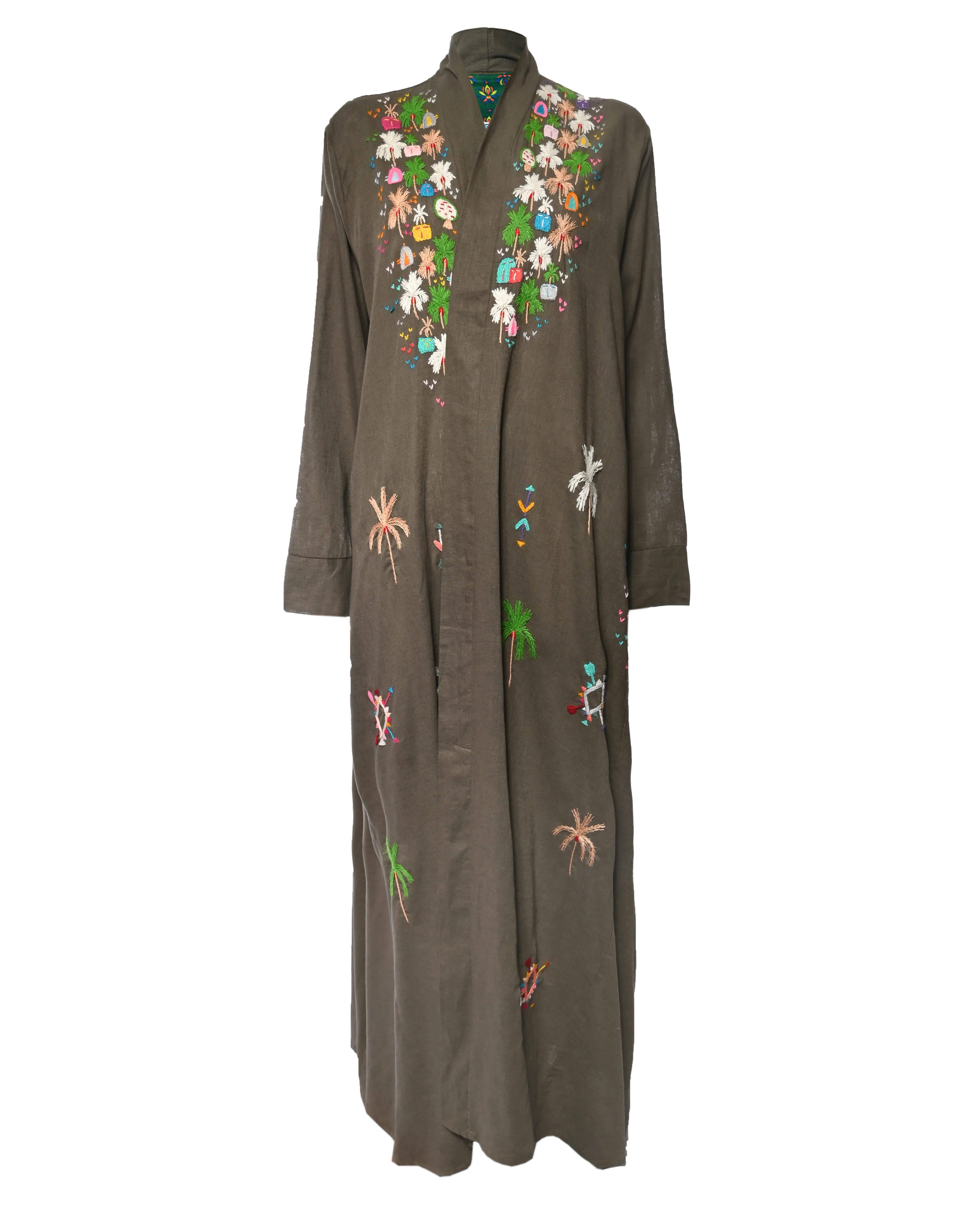Dark Green Embroidered Linen Abaya