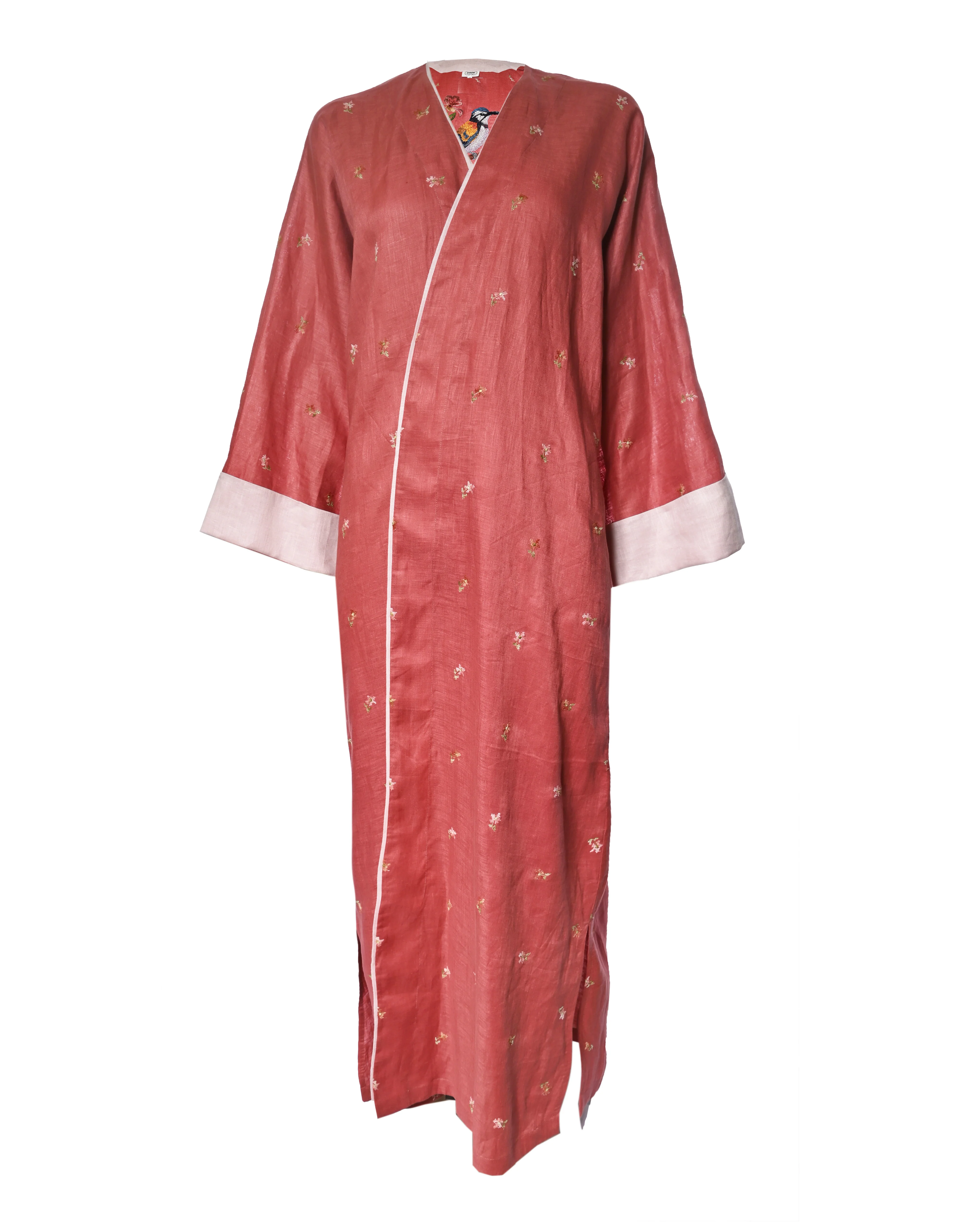 Dark Pink Linen Embroidered Abaya