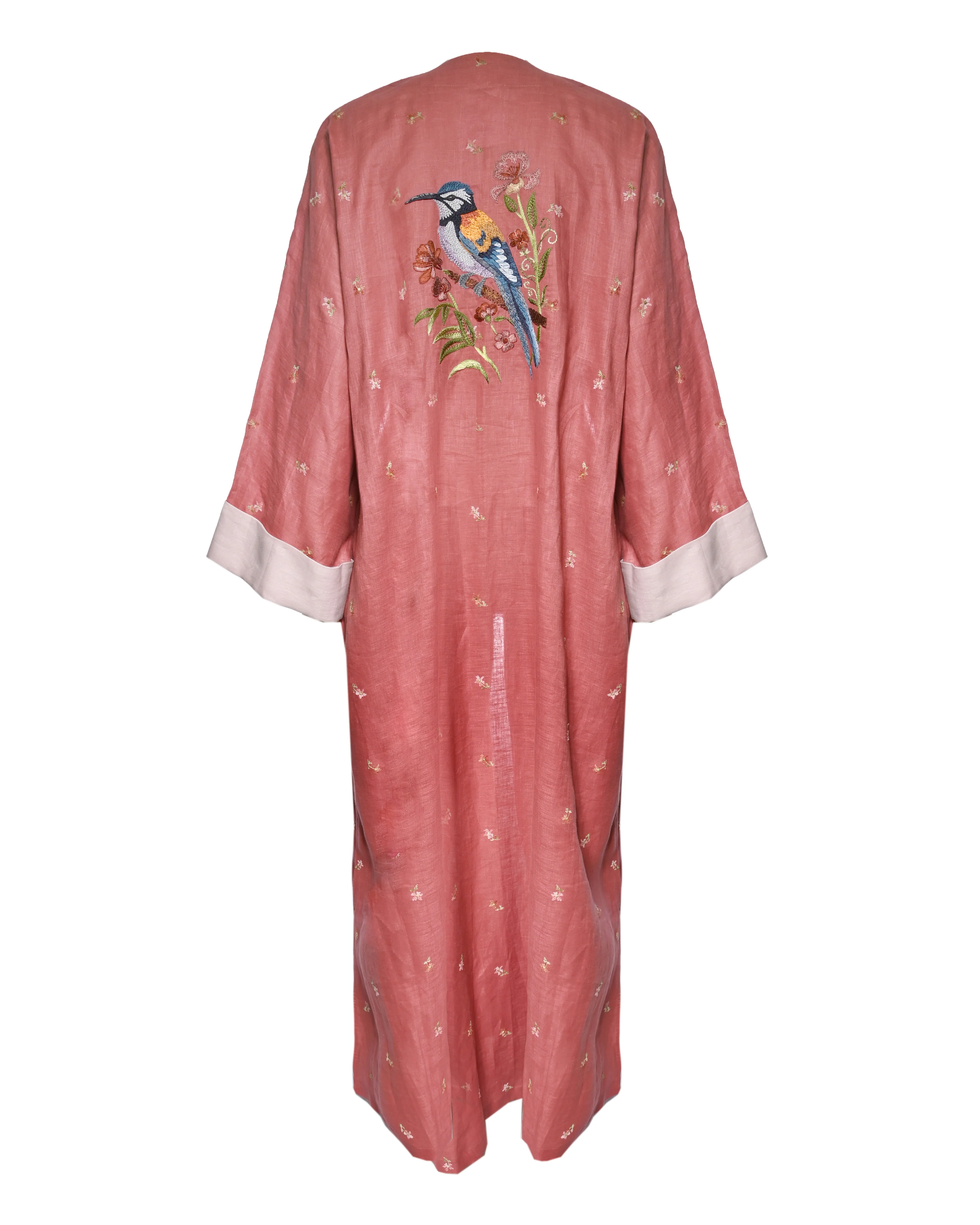 Dark Pink Linen Embroidered Abaya - Image 2