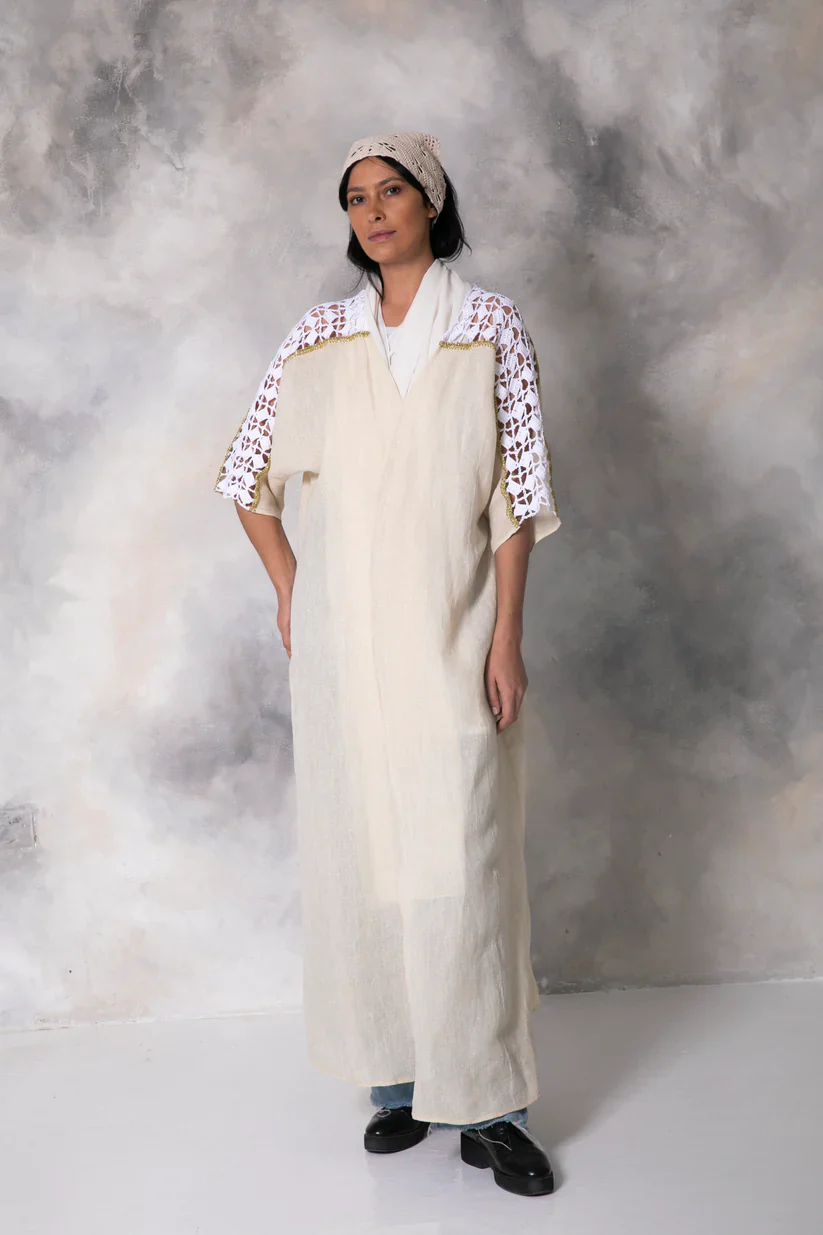 Gold Linen Abaya with Handmade Crochet
