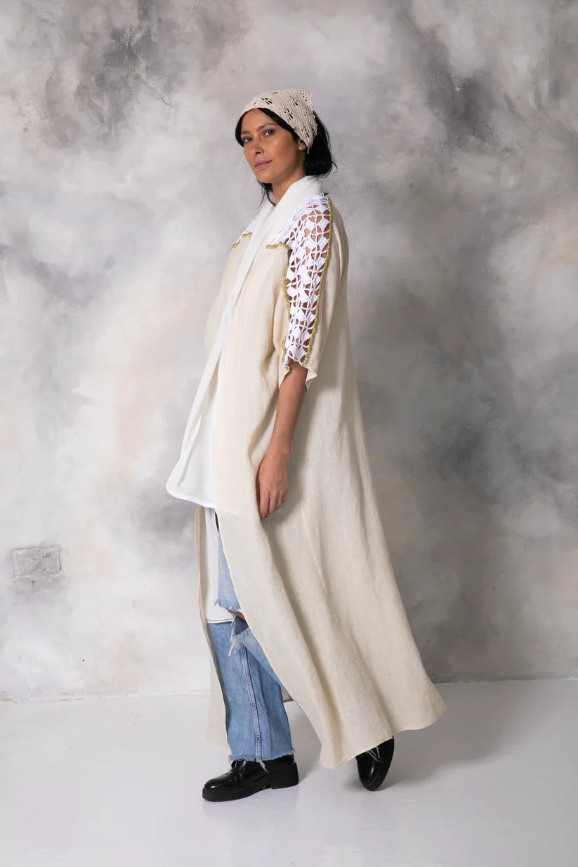 Gold Linen Abaya with Handmade Crochet - Image 2