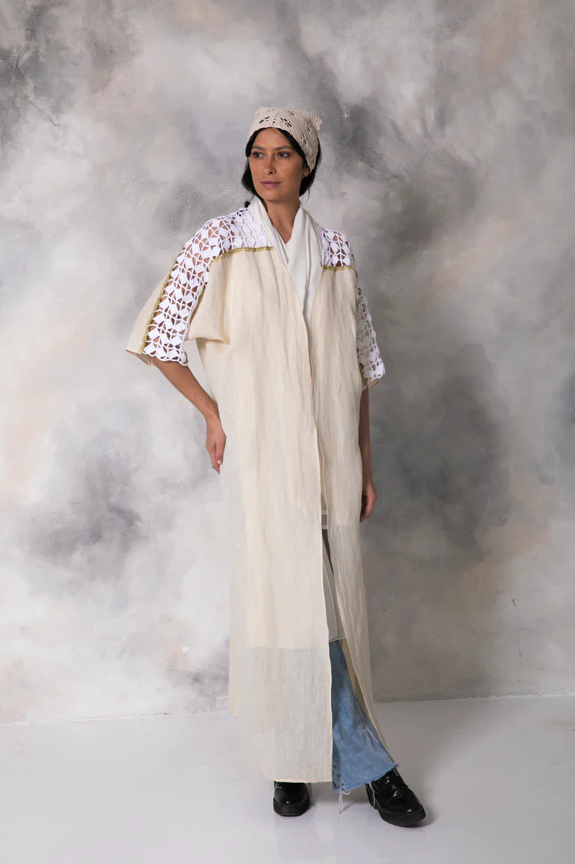 Gold Linen Abaya with Handmade Crochet - Image 3