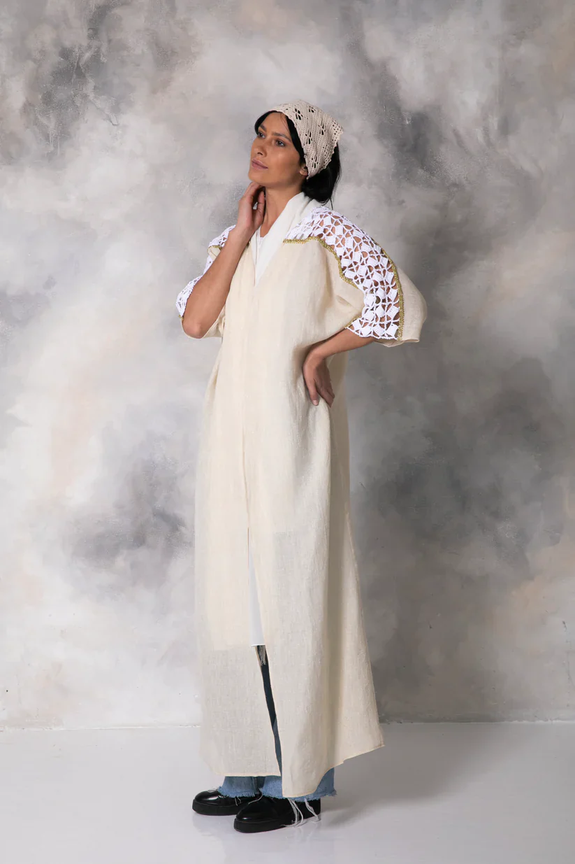 Gold Linen Abaya with Handmade Crochet - Image 4