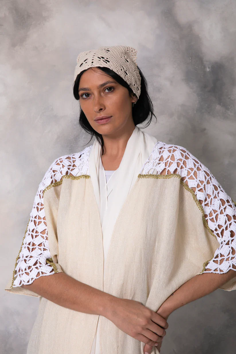 Gold Linen Abaya with Handmade Crochet - Image 5