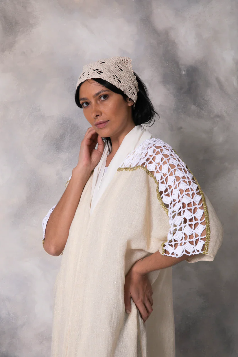 Gold Linen Abaya with Handmade Crochet - Image 6