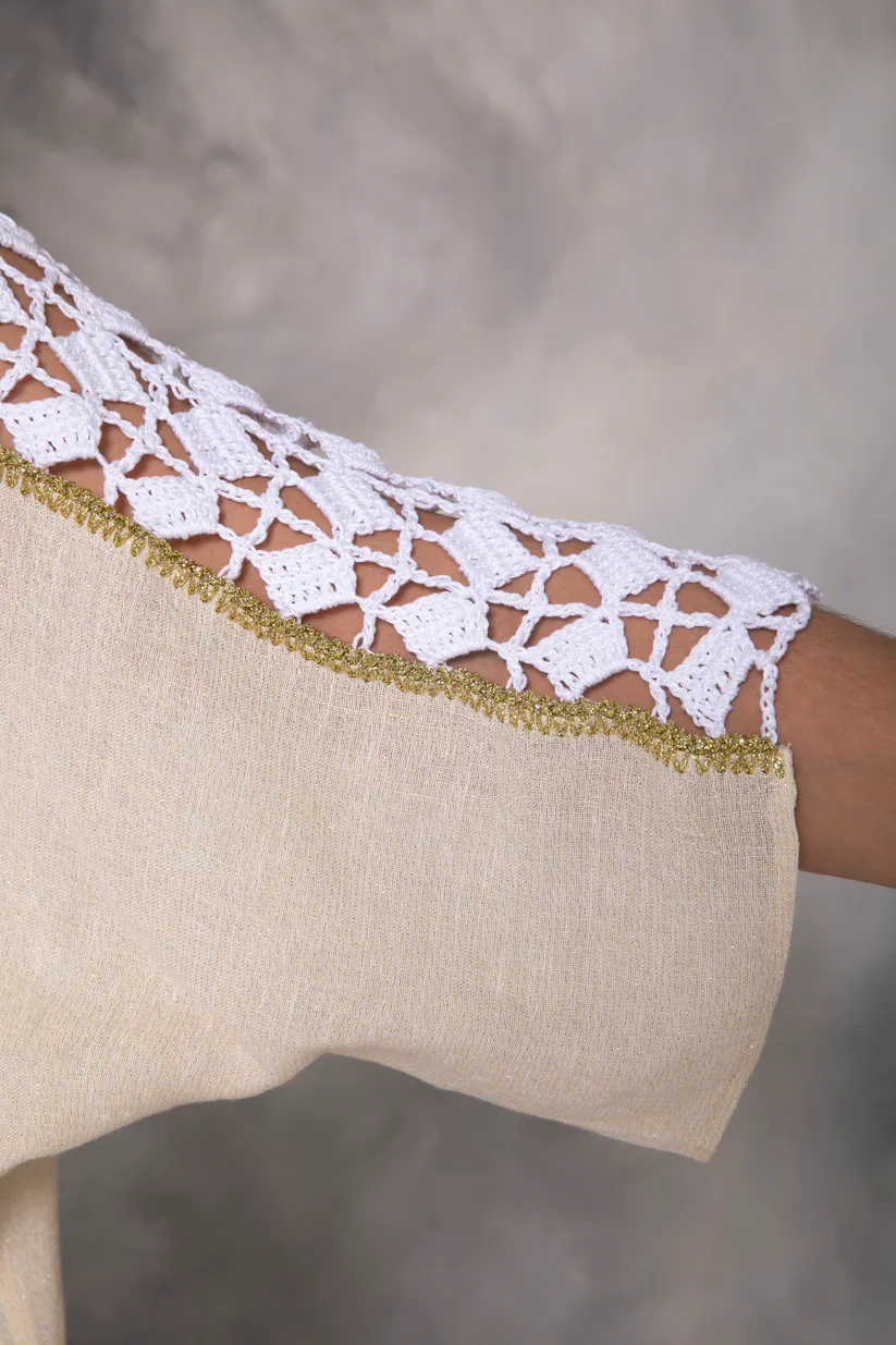Gold Linen Abaya with Handmade Crochet - Image 9