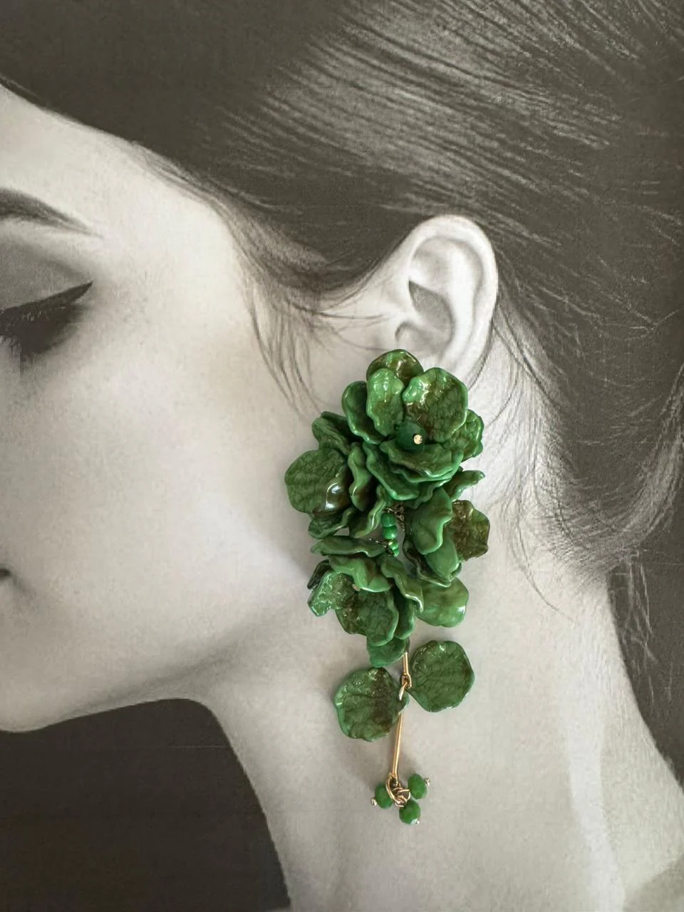 Green Chunky Flower Drop Earrings - Image 2