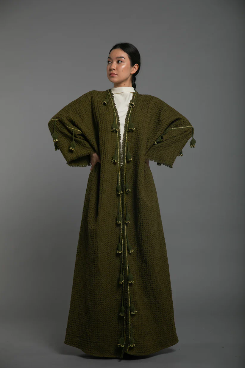 Green Linen Crochet Abaya - Image 2