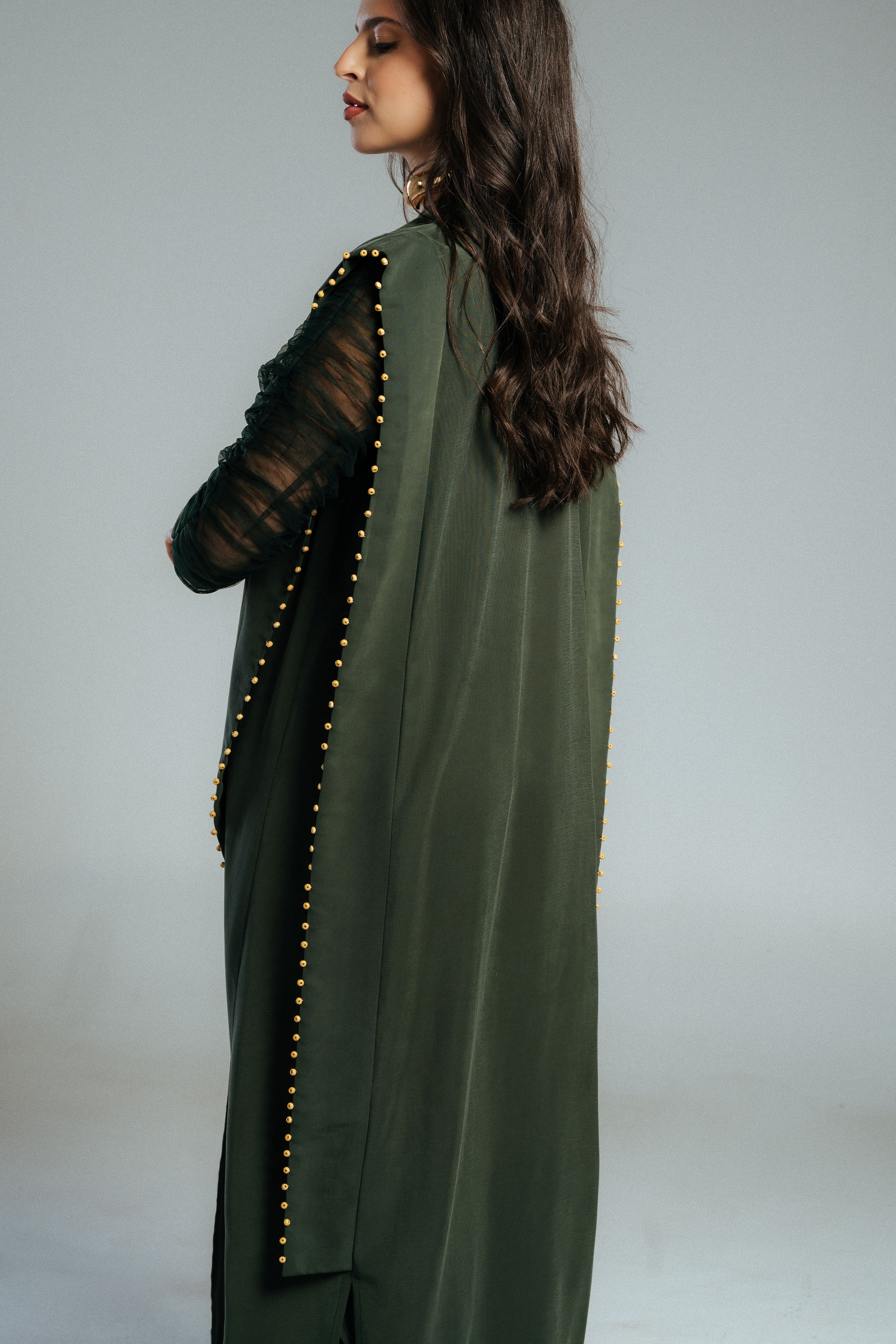 Green Sculpted Sleeve Abaya - Image 2