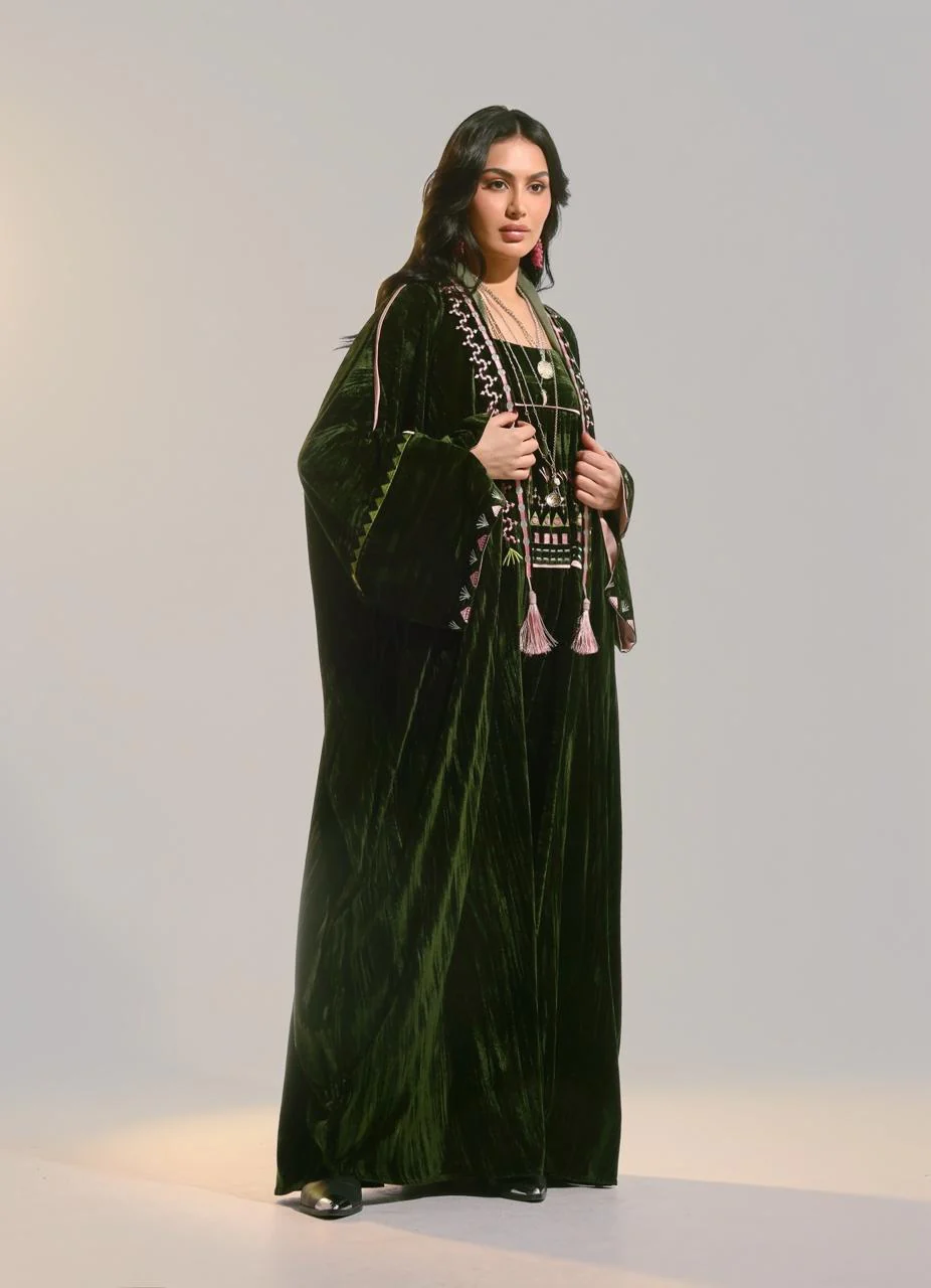 Green Velvet Blushing Moss Abaya - Image 3