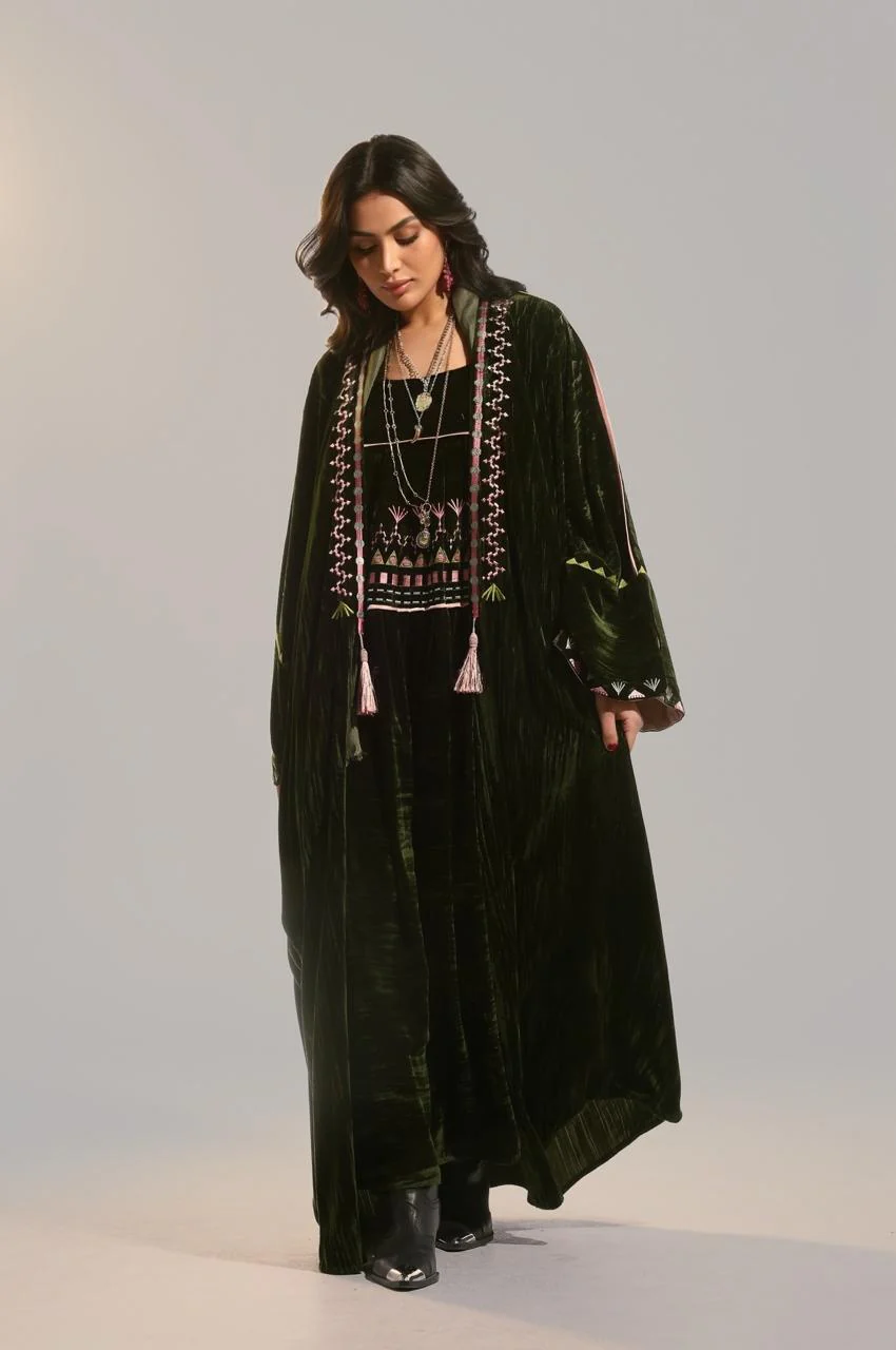 Green Velvet Blushing Moss Abaya - Image 6