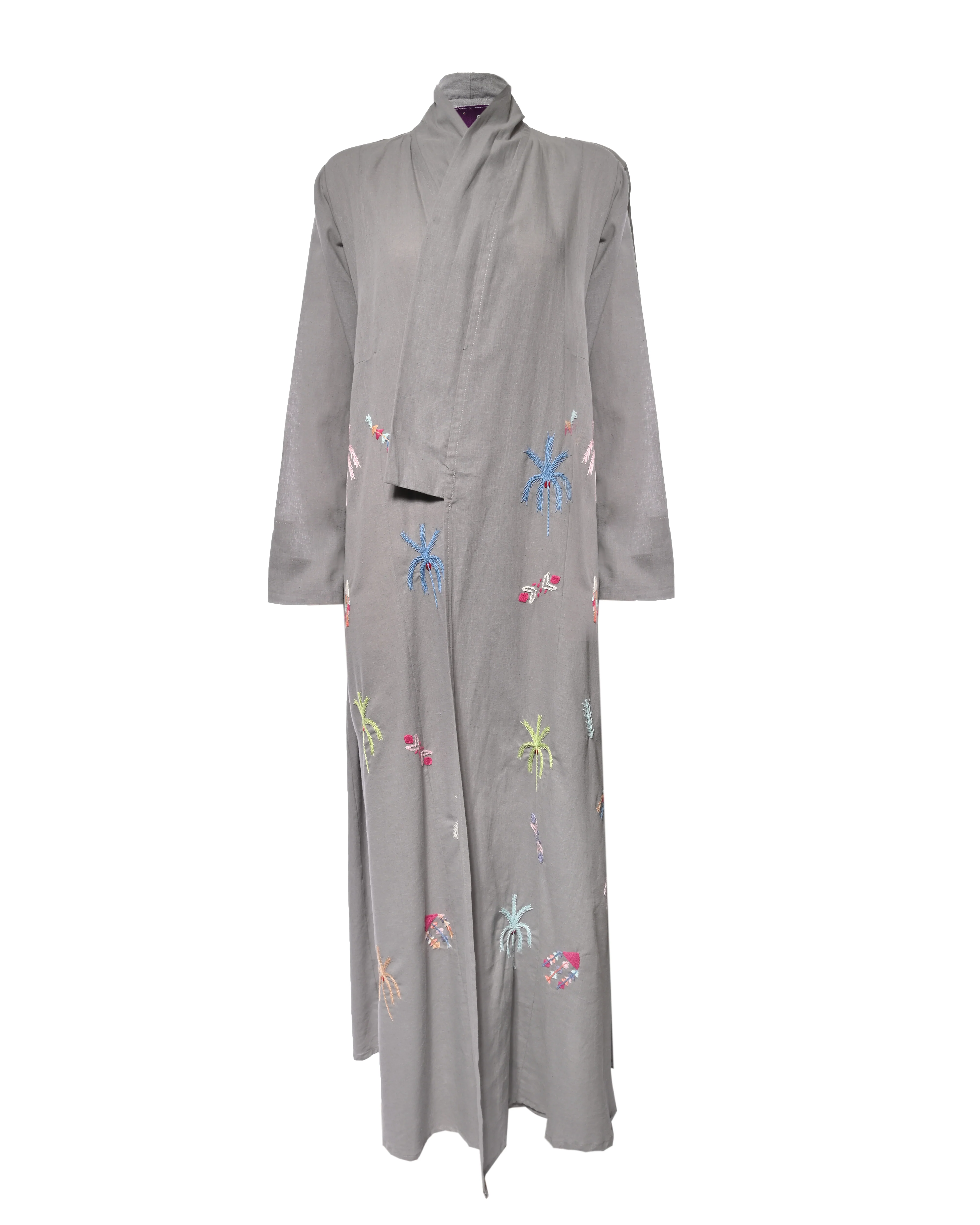 Grey Embroidered Cotton & Linen Abaya